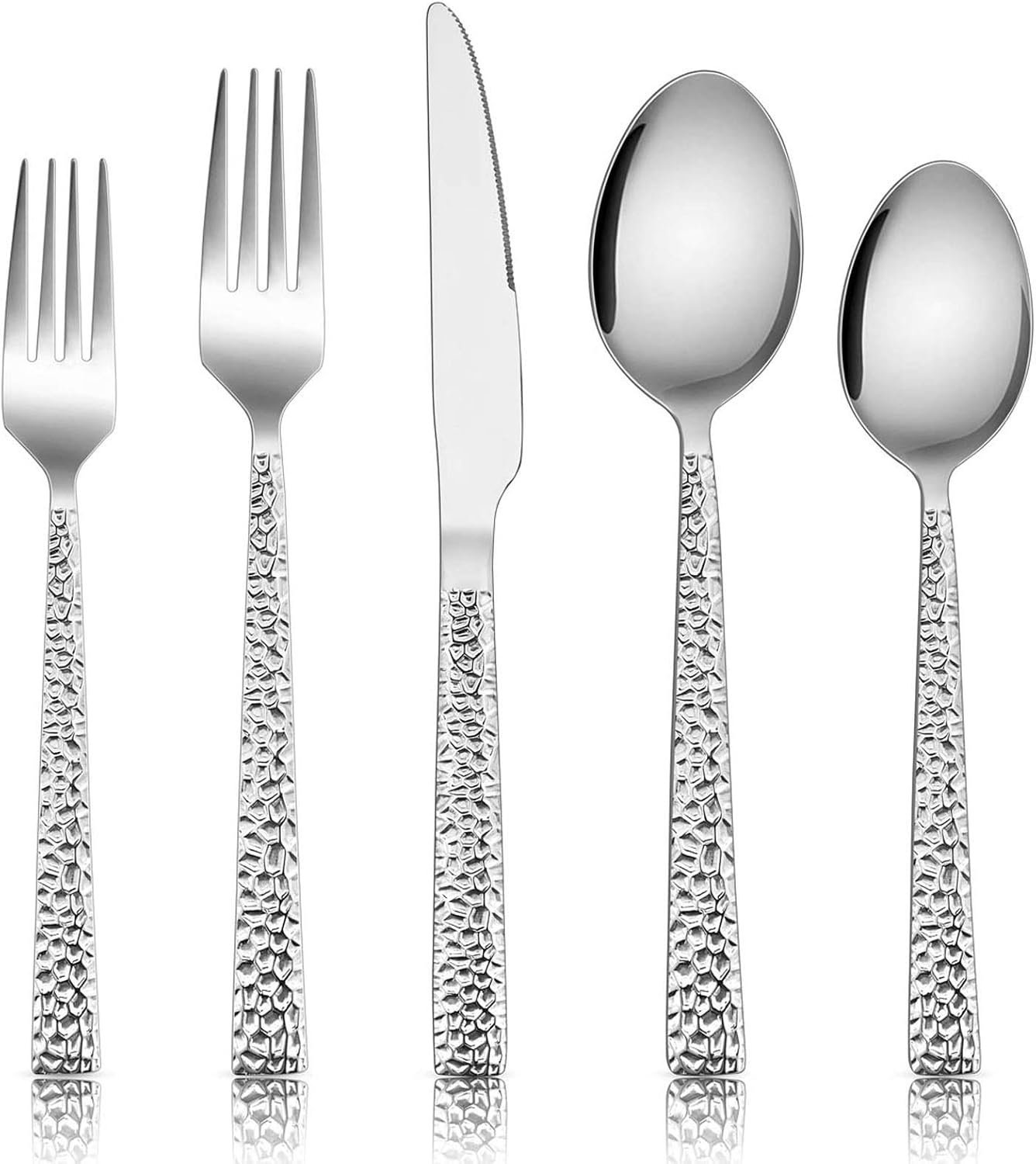 E-far Hammered Silverware Set, 40-Piece Stainless Steel Square Flatware Set for 8, Metal Tableware Cutlery Set Includes Dinner Knives/Forks/Spoons, Modern Design & Mirror Polished – Dishwasher Safe