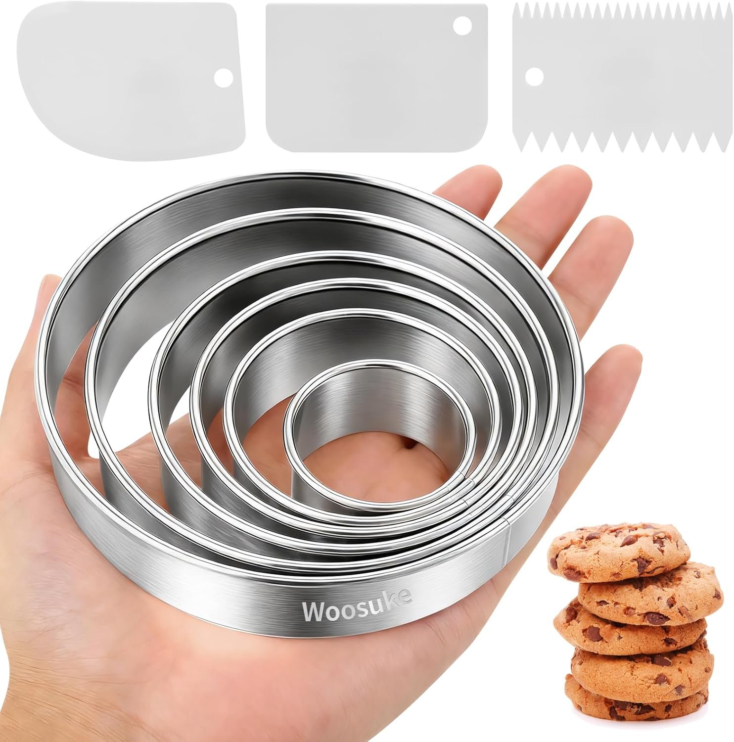 9Pcs Round Cookie Cutter Set – Stainless Steel Biscuit Cutters(2,3,3.5,4,5,6Inch) with 3 Firm Plastic Dough Scrapers – Large Circle Cookie Cutter for Baking Pastry, Donuts, Fondant & Brownies