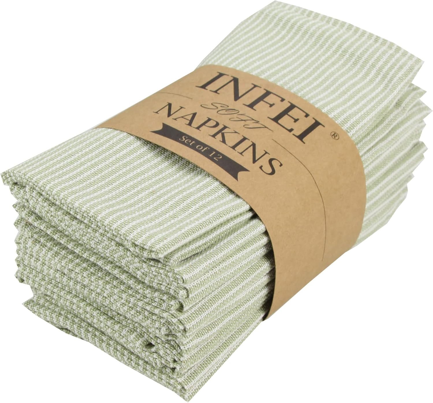 Narrow Striped Cotton Linen Blended Dinner Cloth Napkins – Set of 12 (40 x 40 cm) – for Christmas Parties Events & Home Use (Green)