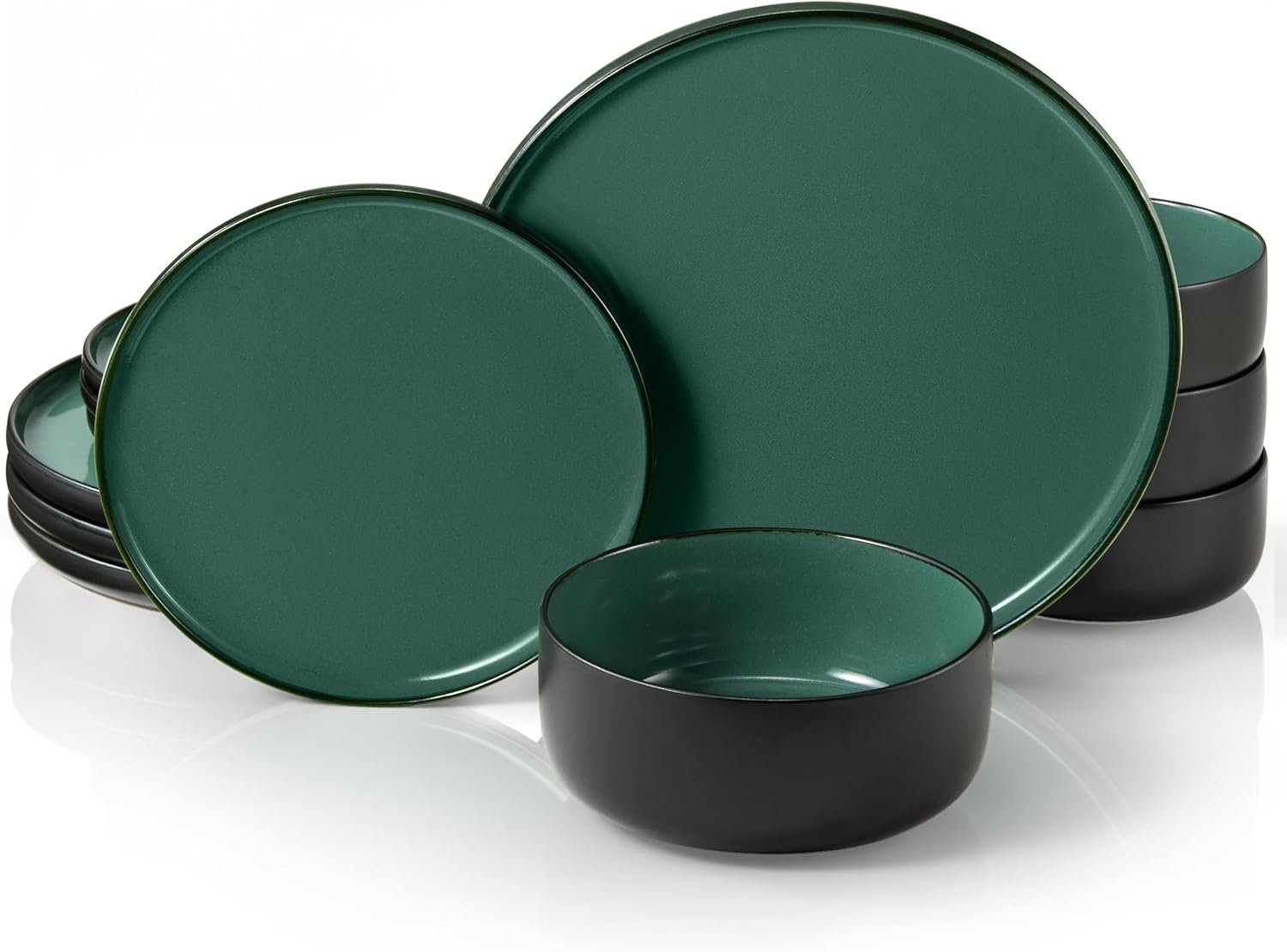Dinnerware Set, 12 Piece Service for 4, Vase and Vessel, Ceramic 10.5” Dinner Plates, 8.2” Salad Plates and 20 oz Bowls, Stoneware, Somerset Collection (Black/Jade)