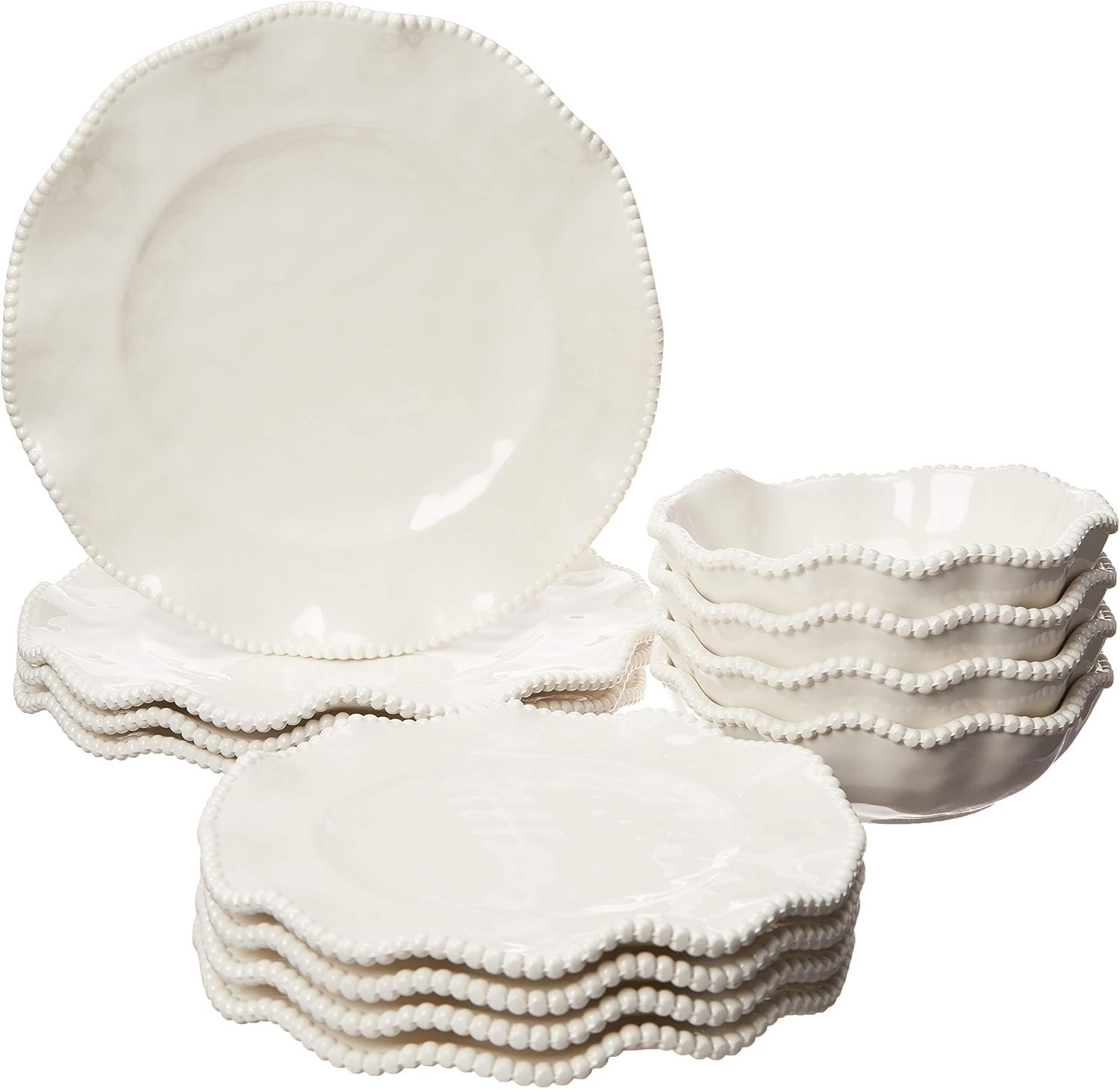 Perlette Off-White Beaded 12-Piece Dinnerware Set – Includes 4 Dinner Plates, 4 Salad Plates, 4 Bowls (7.5″ x 2″, 22 oz) – Elegant Unbreakable Melamine, Heavyweight, Perfect for Indoor/Outdoor Dining