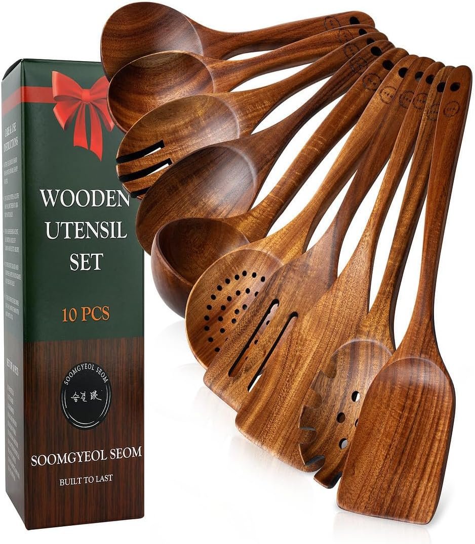10-Piece Natural Teak Wood Utensil Set – Nonstick Cooking Spoons & Spatulas, Heat Resistant Kitchen Tools