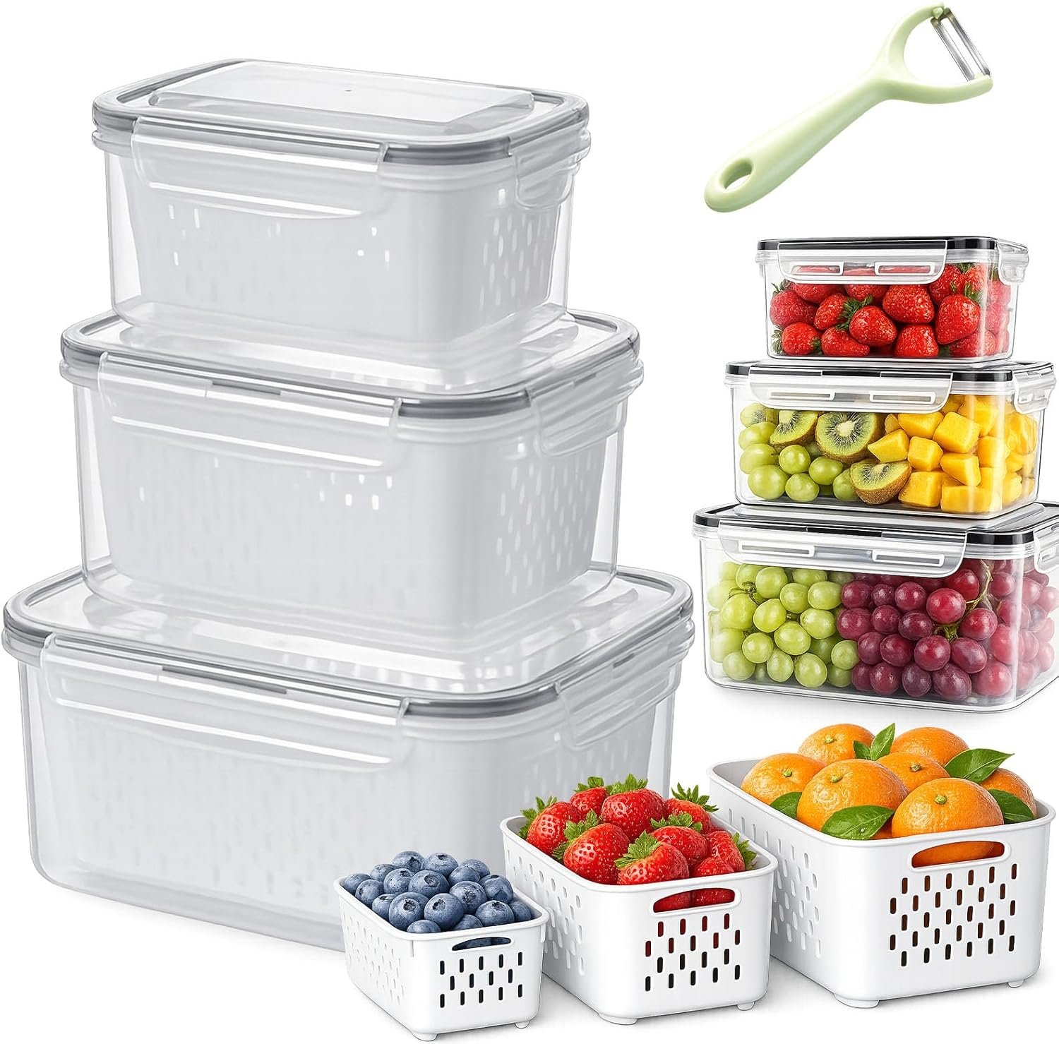 Fruit Storage Containers for Fridge, 4-in-1 Leakproof Produce Saver with Removable Colander, Berry Keeper & Lettuce Organizer Keep Vegetables Fresh Longer – Wash, Drain & Store (Rectangle,L)