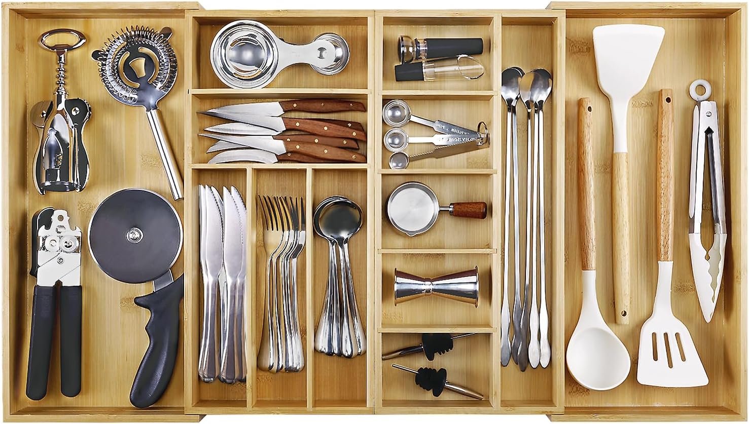 MH MYLUNE HOME Large Bamboo Expandable Drawer Organizer, Silverware Organizer for Drawers, 16 to 30 Inches Wide, 7-13 Slots, Kitchen Drawer Organizers for Utensils, Bamboo Wood Cutlery Organizers