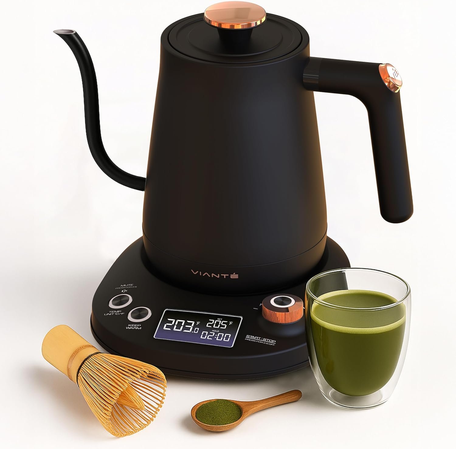 Vianté Electric Gooseneck Kettle with Precise Temperature Control. Pour Over Coffee & Tea Kettle. Boil-Dry Protection & Keep Warm Function. Stainless Steel, BPA-Free. Includes #2 Filters. 0.8L