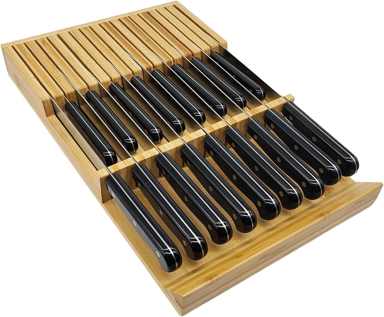 Bamboo In-Drawer Knife Block, 17 Slot Large Capacity Knives Organizer, Upper and Lower Kitchen Steak Knife Storage Rack – Holds 8 Short + 9 Long Knives