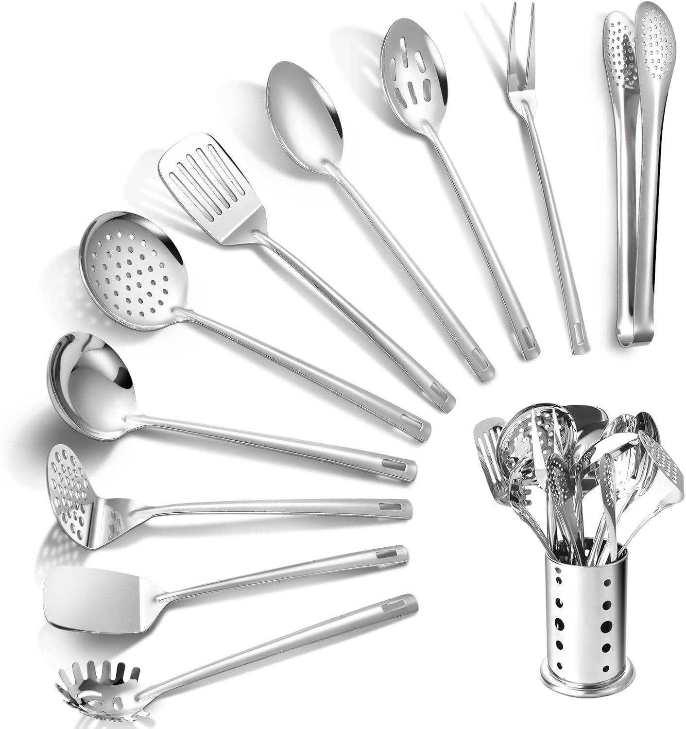Lazycorner Kitchen Utensils Set, 11pcs Stainless Steel Cooking Utensils Set with Holder, Metal Kitchen Set for Cooking with Turners, Potato Masher, Spatula, Spoons, Pasta, Tongs