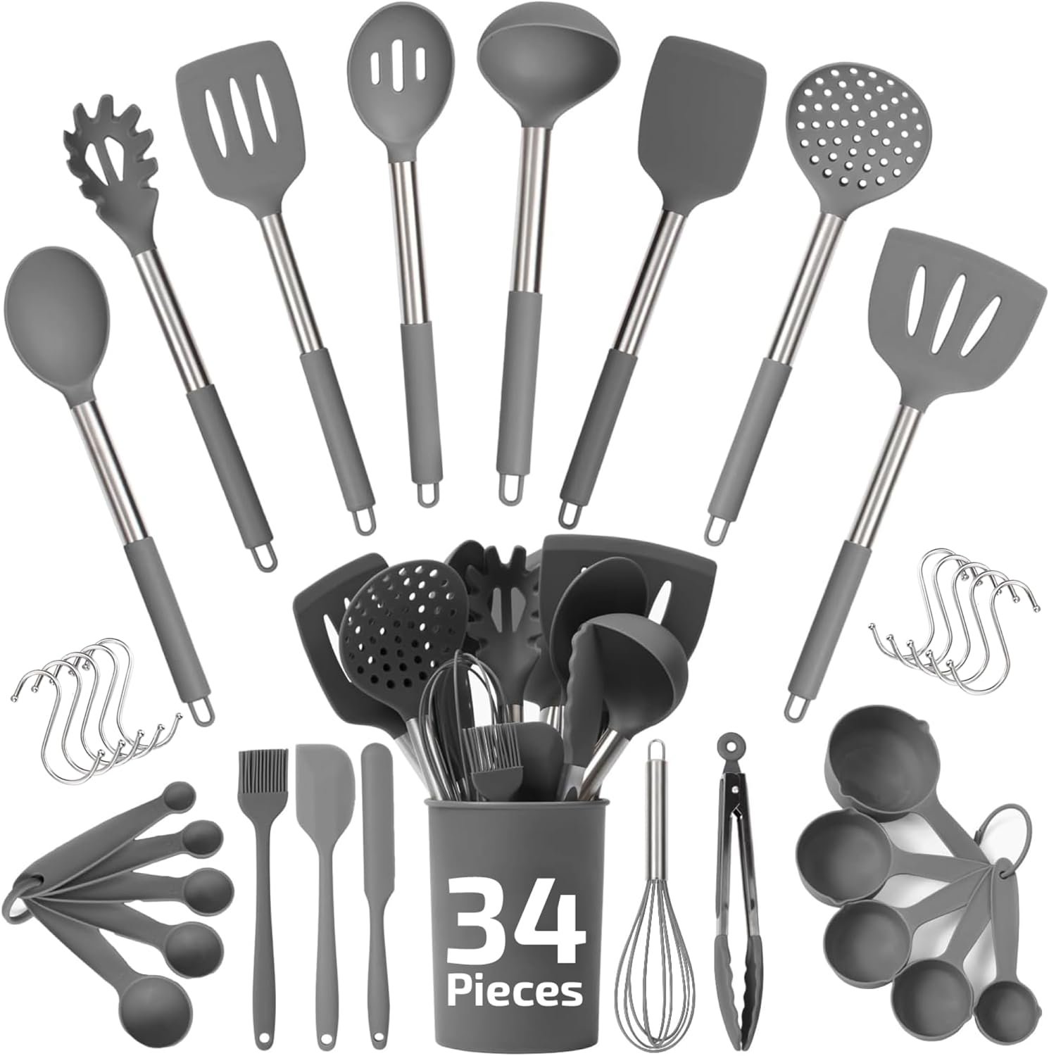 Silicone Kitchen Utensils Set 34 Pieces 450 °F Heat Resistant – Grey Cooking Utensils-Set for Nonstick Cookware – Silicone Spatulas Set, Stainless Steel Handle & Other Kitchen accessories