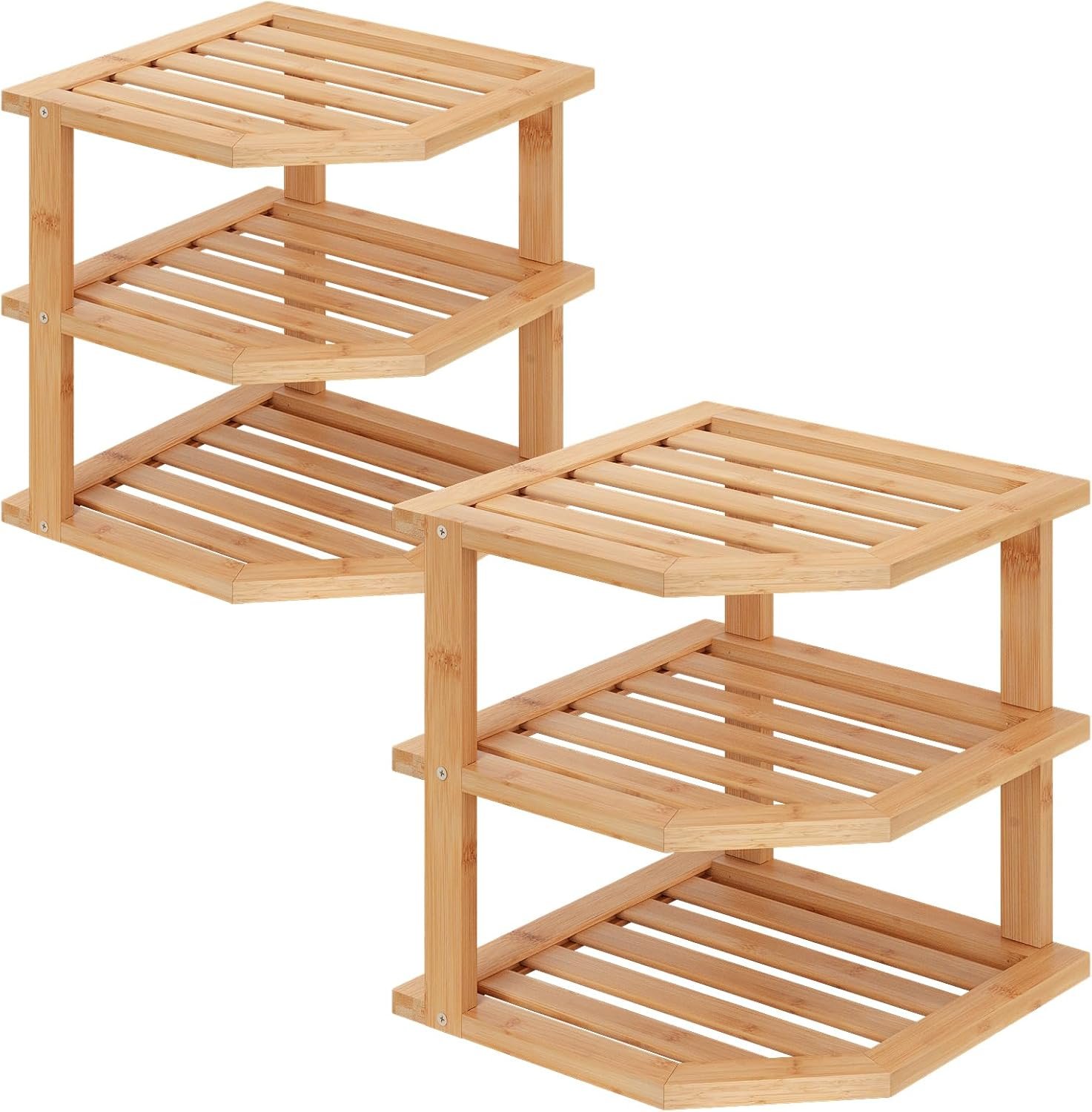 3 Tier Bamboo Corner Shelf(2 Pack),Plate Organizer,Dish Drying Rack,Kitchen Spice Rack for Countertop and Cabinet