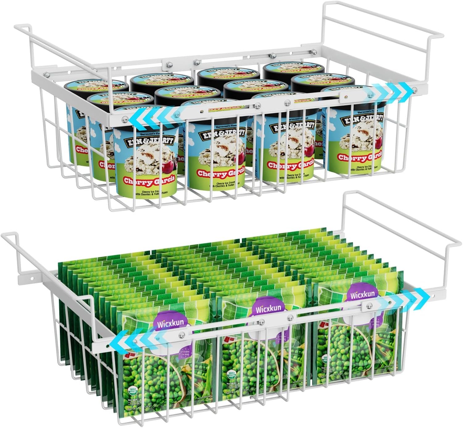 GSlife Freezer Organizer Bins – 2 Pack Expandable Freezer Bins for 10 to 20 Cu.Ft Chest Freezers, Hanging Wire Baskets Stop Digging & Maximize Top Storage Space, Sliding Deep Freezer Baskets, White