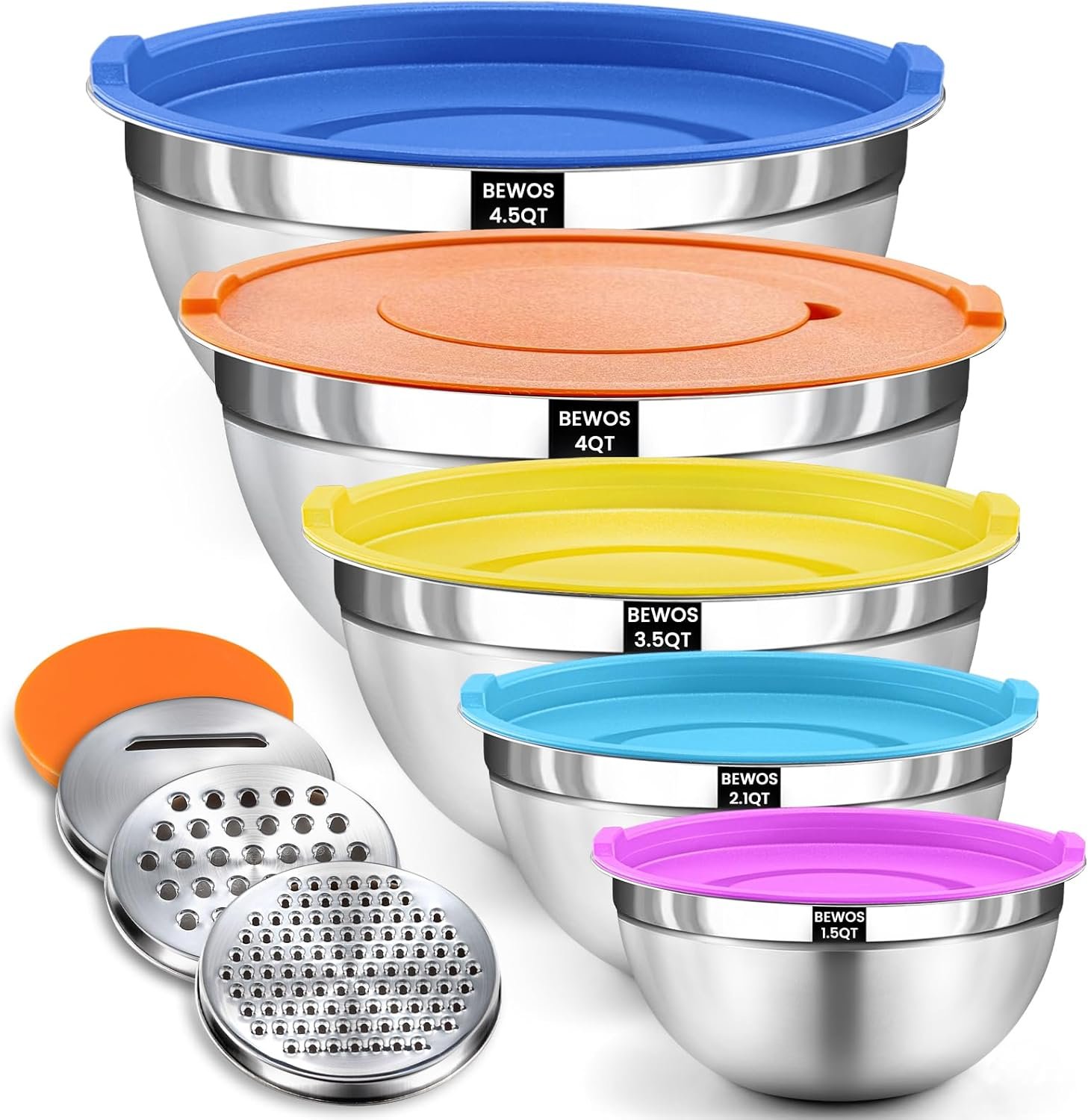BEWOS Mixing Bowls with Lids Set – 5 Pcs Stainless Steel Mixing Bowls With 3 Grater Attachments, Size 4.5, 4, 3.5, 2.1, 1.5QT Metal Bowls for Baking and Serving (Colored)