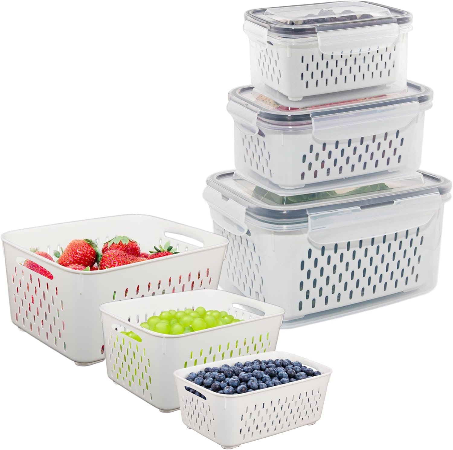 Fruit Storage Containers for Fridge – 3 Pack Food Refrigerator Organizer Basket Bins Set with Vent Lids and Removable Colander, Fruits, Produce, Vegetables, Salad, Lettuce, Berries, Saver Fresh Keeper