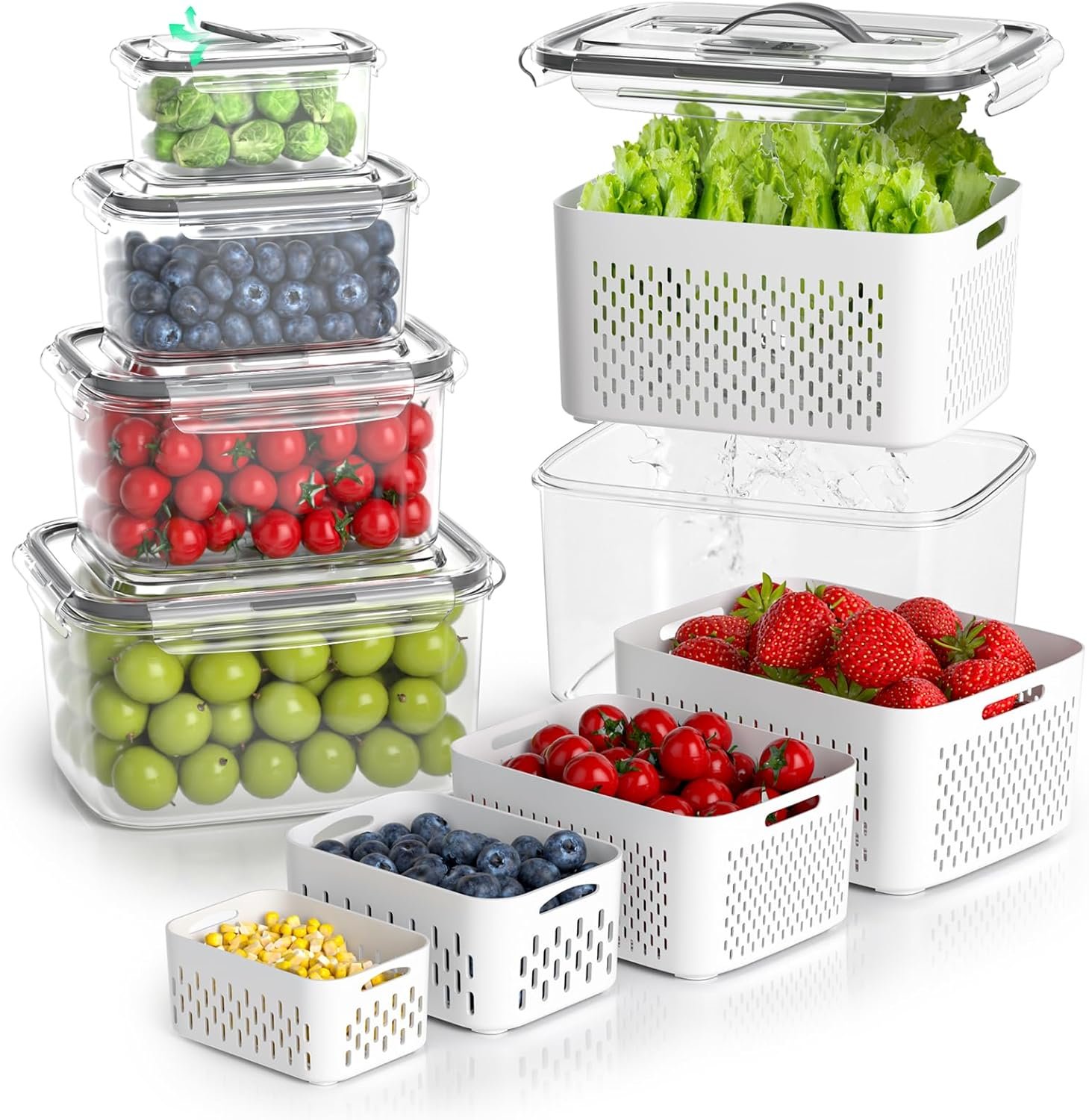Fruit Storage Containers for Fridge – 5 Size Berry Containers for Fridge Keep Fresh with Colanders and Vent Handle Lids, Clear Vegetable Storage Containers for Refrigerator, Lettuce Keeper