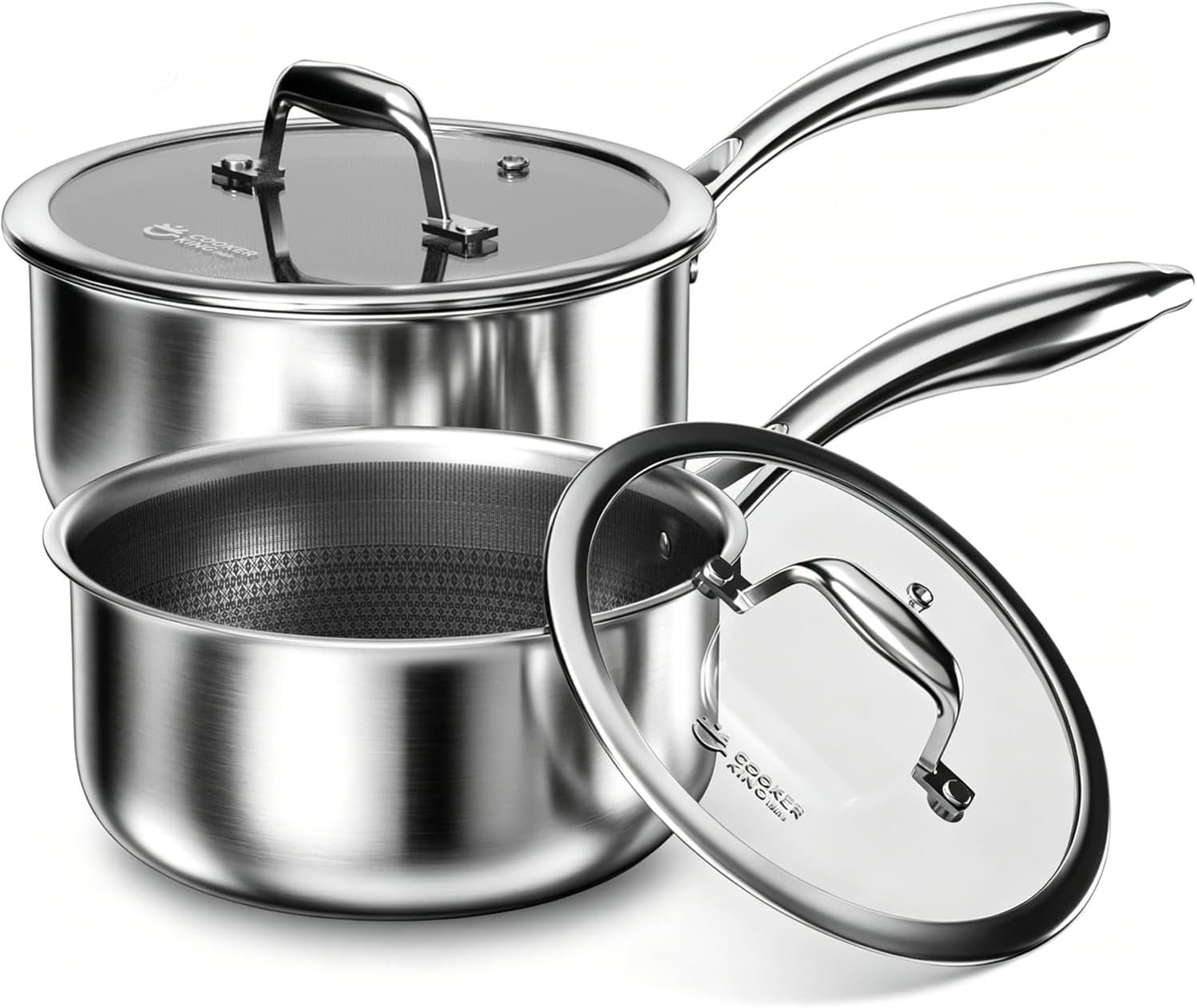 COOKER KING Sauce Pan Set, 1.5 QT & 2 QT Saucepan with Lid, Hybrid Ceramic Nonstick Saucepan, non stick Sauce pot, Stainless steel Cookware, Induction Compatible (PFAS/PFOA/PTFE Free)