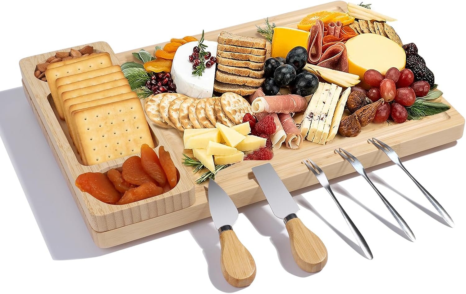 Bamboo Cheese Board Set with Knives – Charcuterie Serving Tray with Hidden Magnetic Knife Storage – Eco-Friendly Wooden Platter for Parties & Gifts
