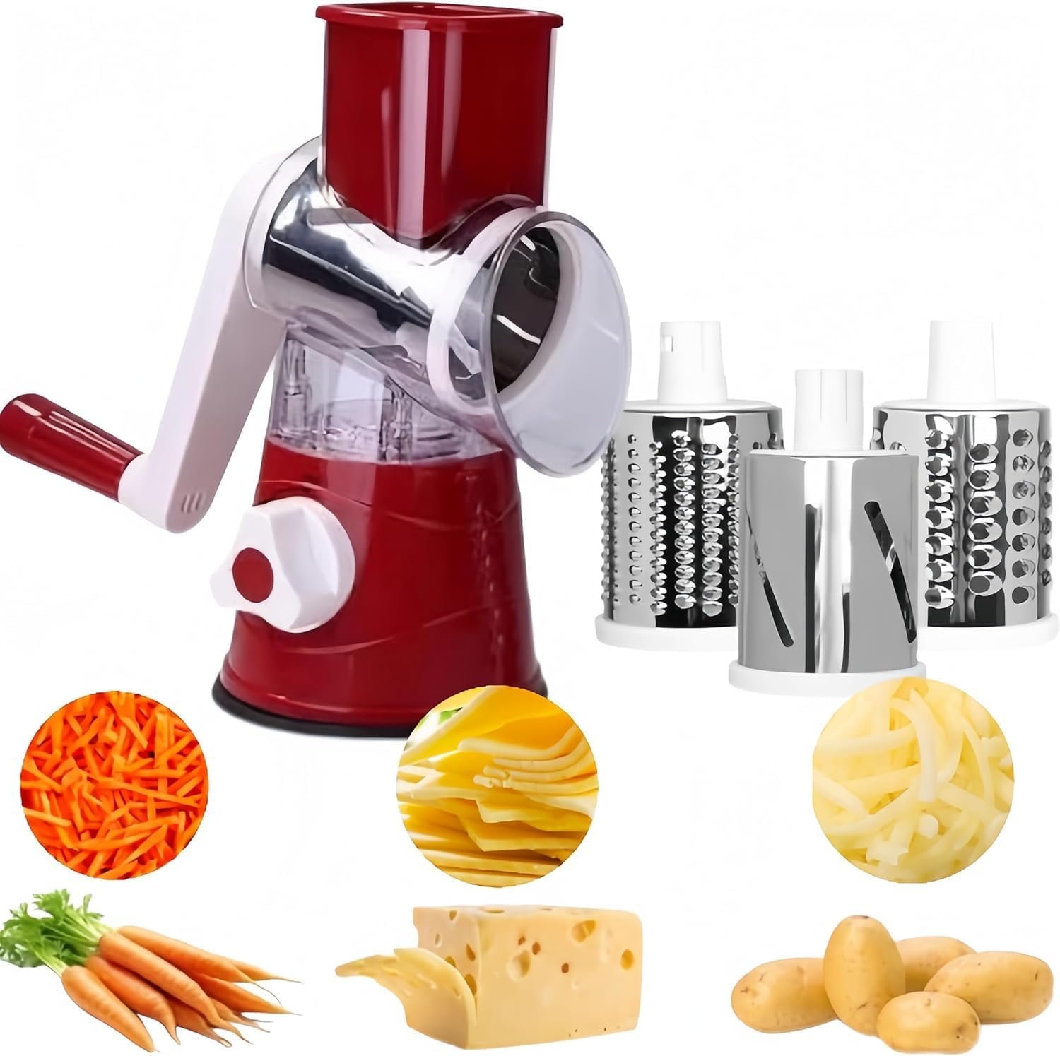 Hand Crank Cheese Grater, BPA-Free,Rotary Slicer with 3 Replaceable Blades, Non slip Suction Base,Round Mandoline Slicer & Food Chopper for Kitchen