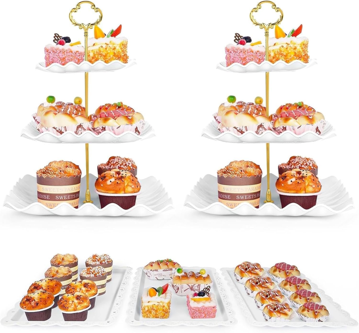 5 Pcs Dessert Table Display Set – 2 Pcs 3-Tier Dessert Display Stands & 3 Pcs Serving Tray – Dessert Trays Dessert Stands Treat Table Displays Set for Tea Parties,Birthdays & Baby Showers