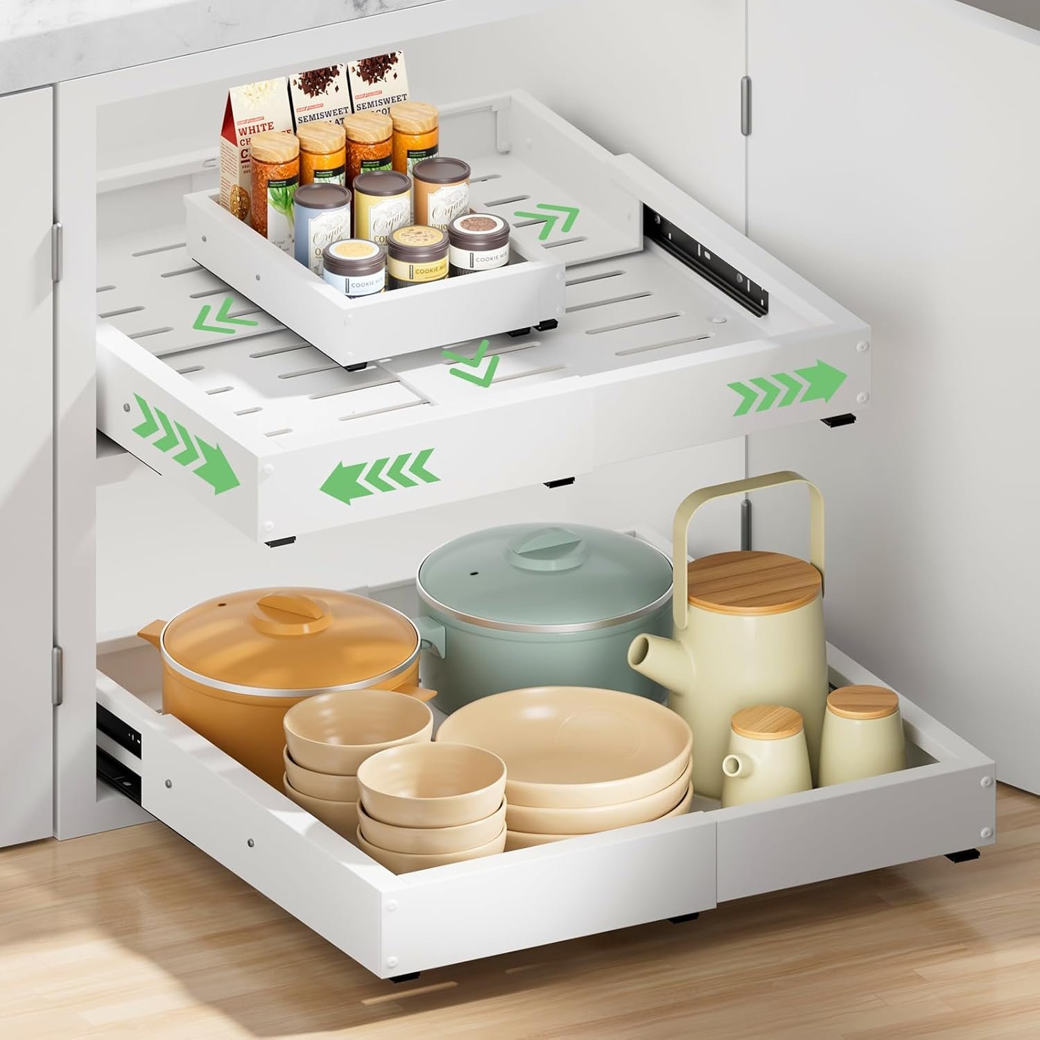 2 Pack Pull out Cabinet Organizer, Width (12″-19″) Depth (17″-23″), with 3 Rails Adjustable Slide, Expandable Pullout Drawers for Cabinets, No Drill Adhesive Kitchen Drawers for Pantry Shelves
