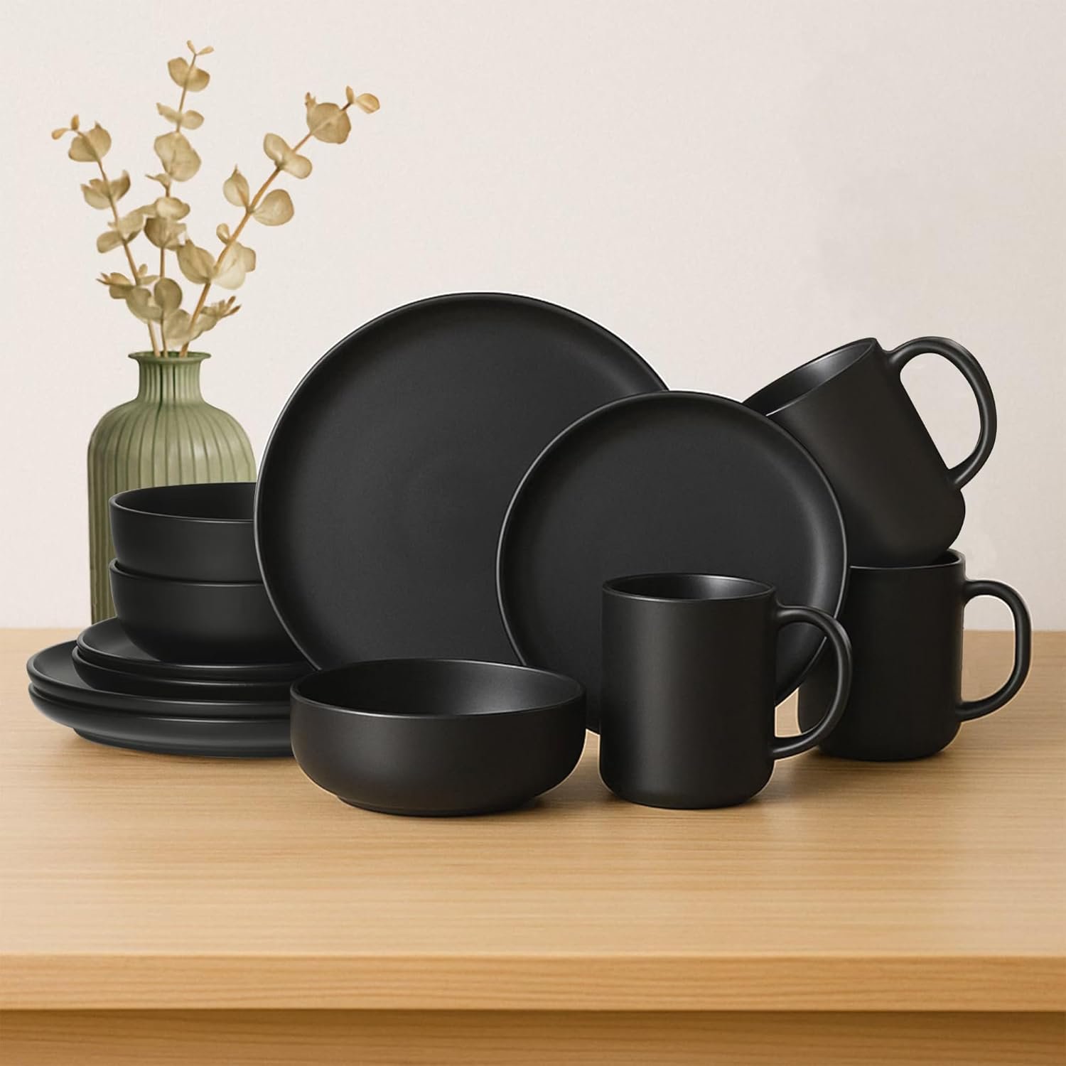 12-Piece Stoneware Dinnerware Set with Mugs | Microwave and Dishwasher Friendly | Stackable Matte Glaze Plates & Bowls | Service for 3 (Black for 3)