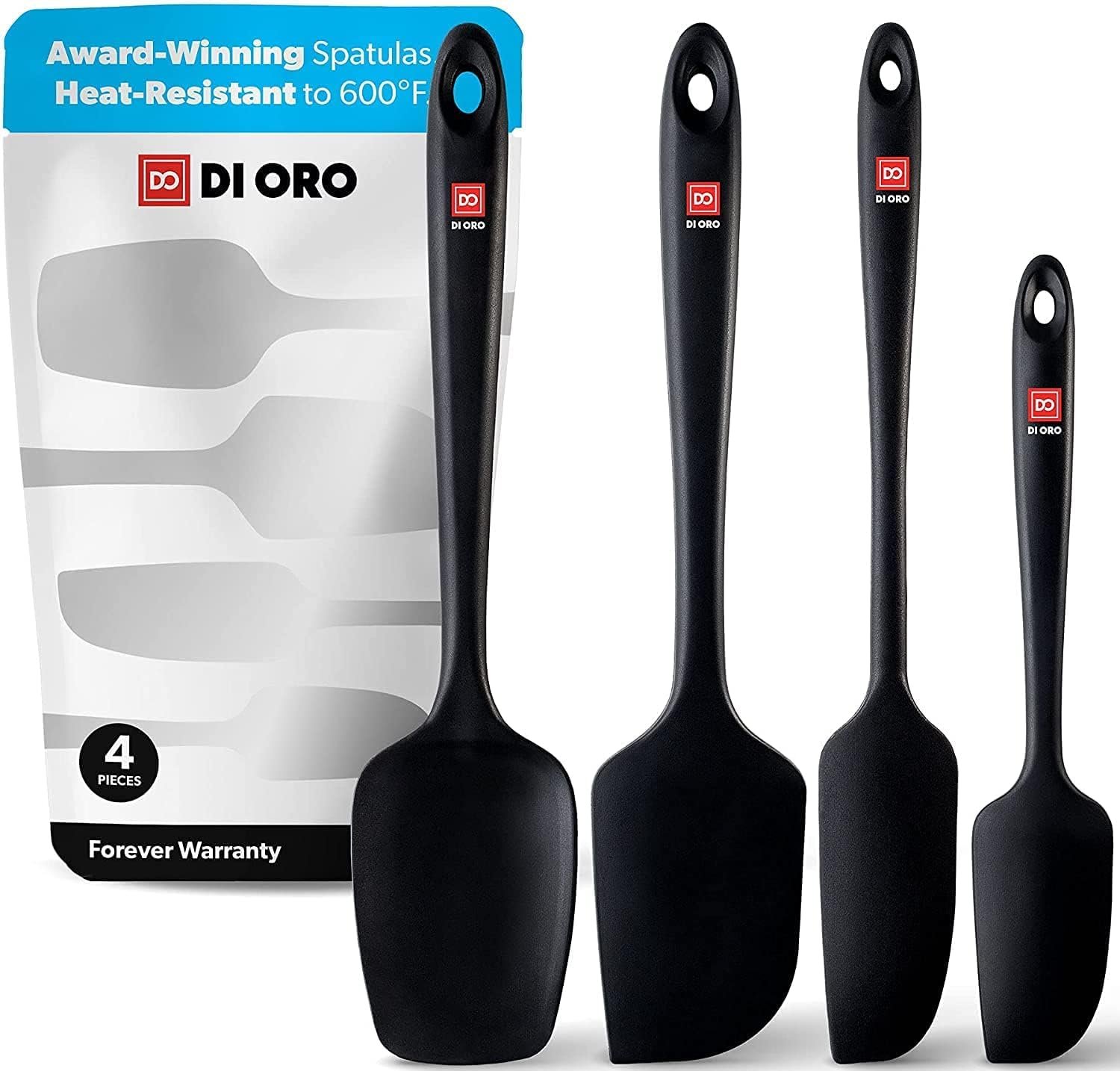 DI ORO Silicone Spatula Set – Rubber Kitchen Spatulas for Baking, Cooking, & Mixing – 600°F Heat-Resistant & BPA Free Silicone Scraper Spatulas for Nonstick Cookware – Dishwasher Safe (4pc, Black)
