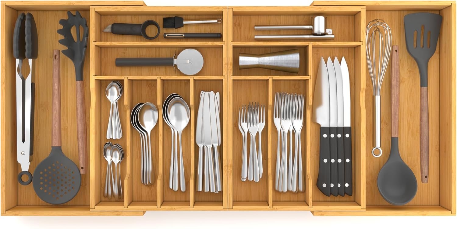 Suli Large Silverware Drawer Organizer，Adjustable Kitchen Flatware for Forks Knives and Spoons， Bamboo Cutlery Utensil Holder,Expandable from 22in-37in，Natural Bamboo