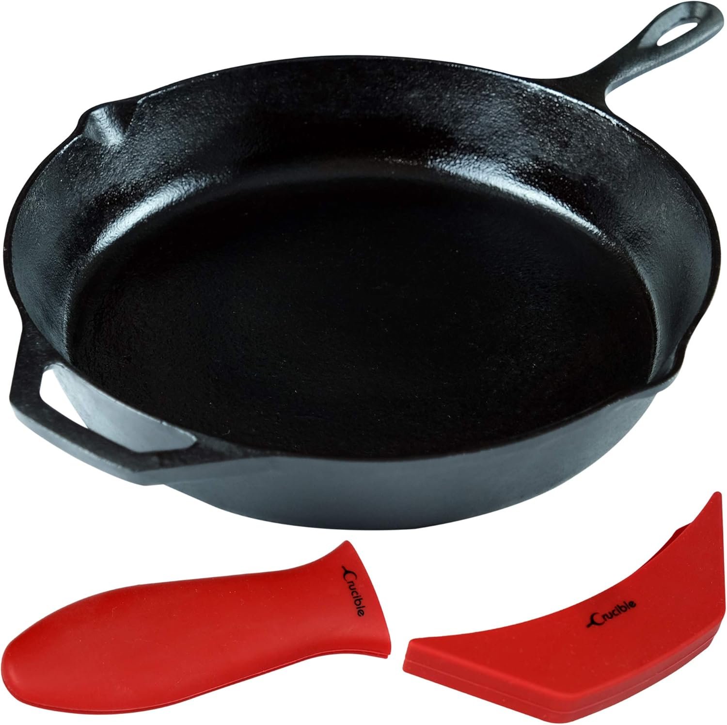 Crucible Cookware 12-Inch Cast Iron Skillet Set (Pre-Seasoned), Including Large & Assist Silicone Hot Handle Holders | Indoor & Outdoor Use