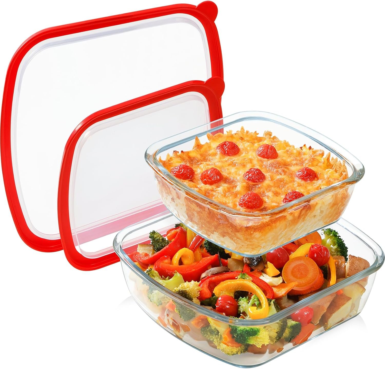 NUTRIUPS 2-Piece 9×9 & 7×7 Square Glass Baking Dish with Lid Set, Deep Baking Pan, Oven Dishwasher and Microwave Safe (Tempered Glass, 1 QT, 2.7 QT)