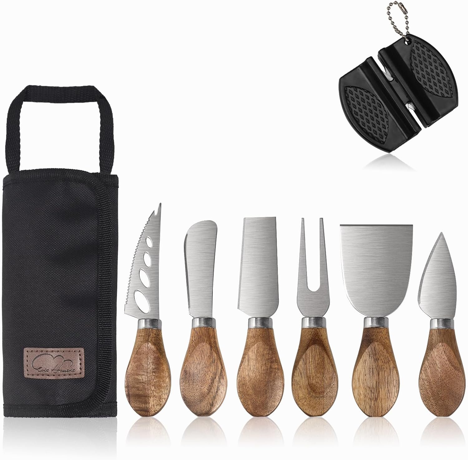 Esie Houzie Charcuterie Board Accessories – 6 Piece Cheese Knife Set Stainless Steel With Acacia Wooden Handle for Cheese Serving Cutting, Cheese Tools Butter Knife With Storage Bag Included Gift Set