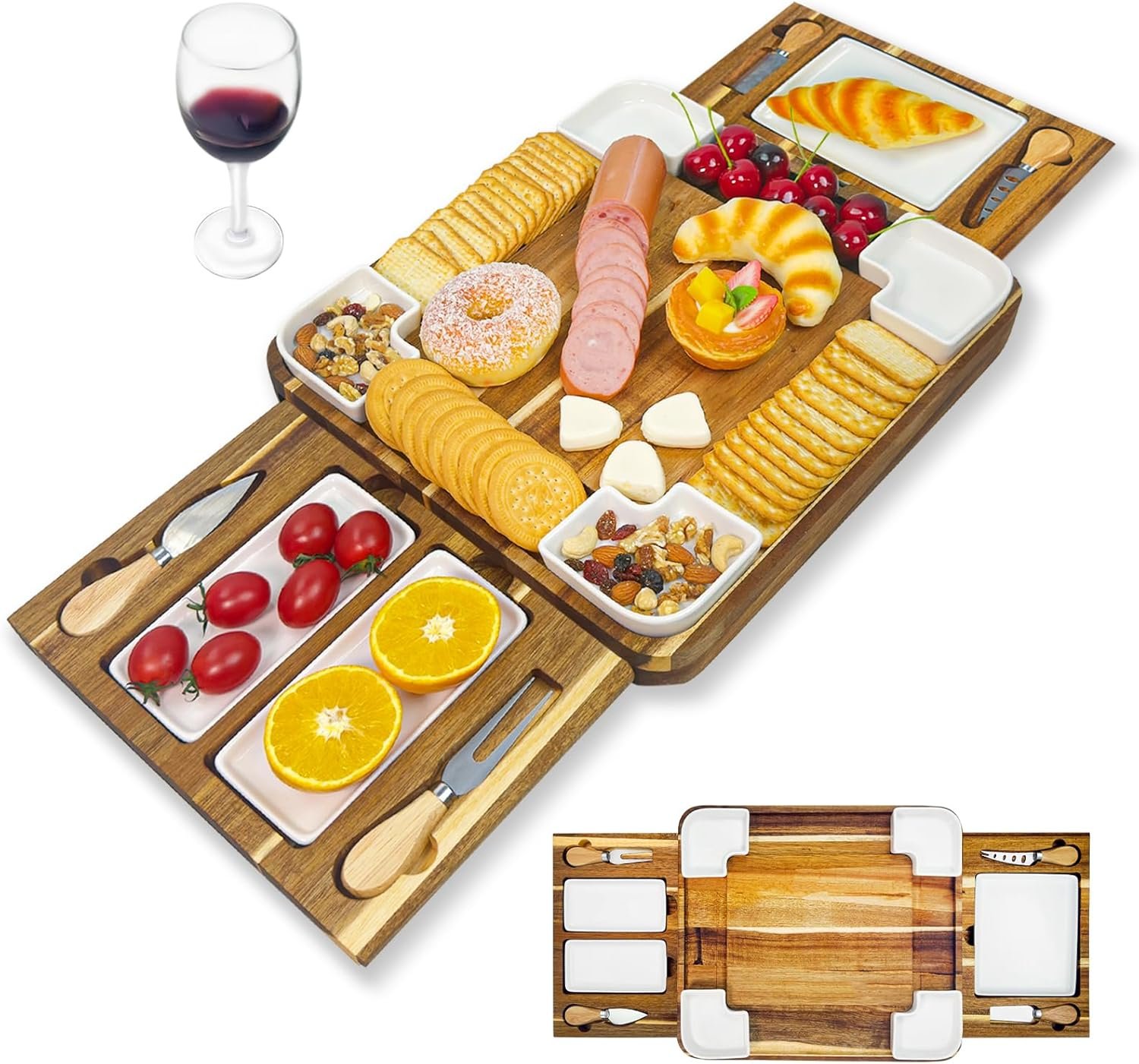 Charcuterie Board Set(16.5″×15″×2.8″) – Premium Wooden Cheese Board with Four Ceramic Bowls and Charcuterie Boards Accessories for Bridal Shower Gifts, Wedding Gifts & Housewarming