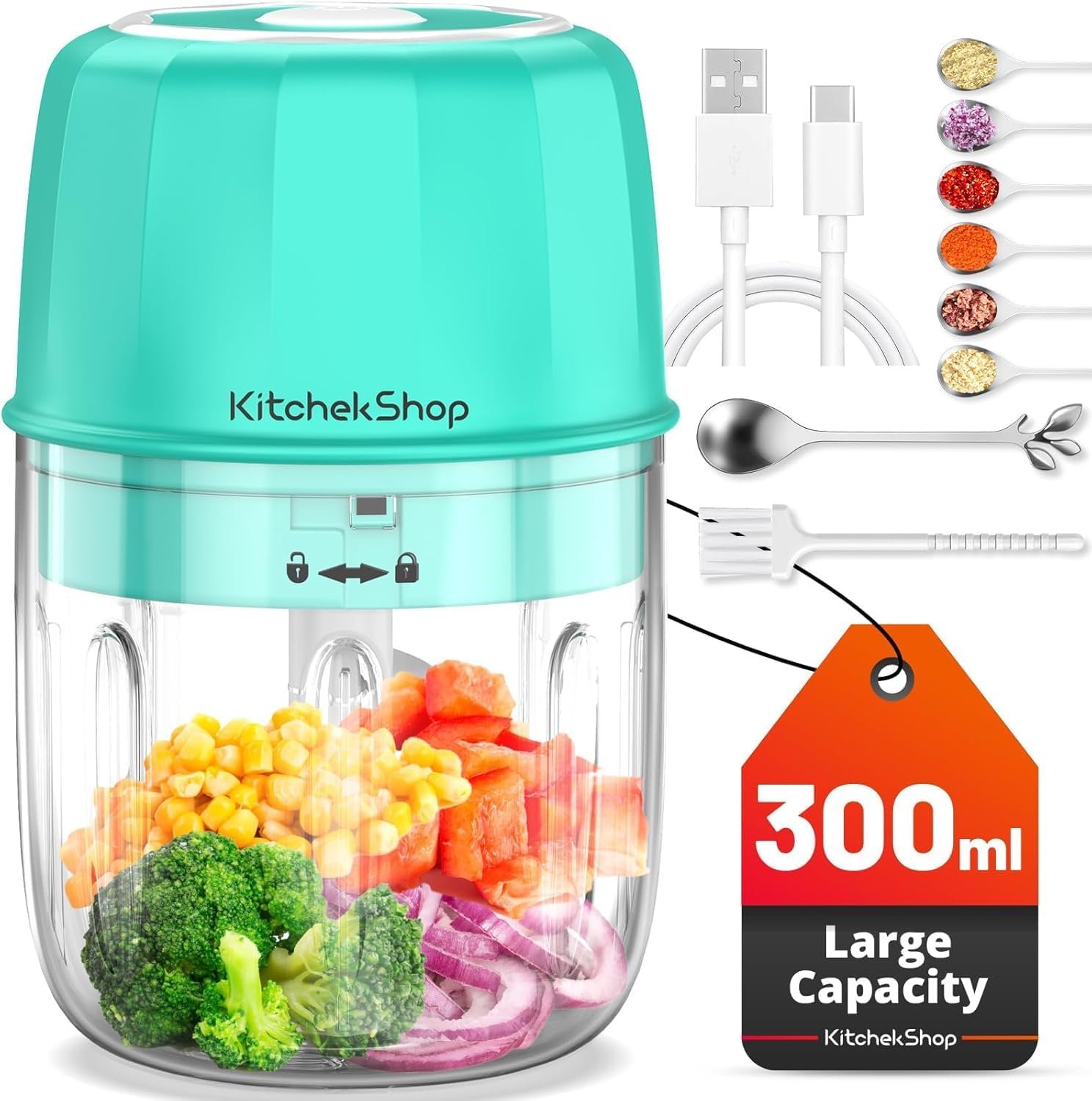 Rechargeable Portable and Cordless Mini Food Processor 300ML with Stainless Steel Blade, Electric Garlic Chopper Vegetable Chopper Blender for Nuts Chili Onion Minced Meat and Spices BPA-Free(Green)