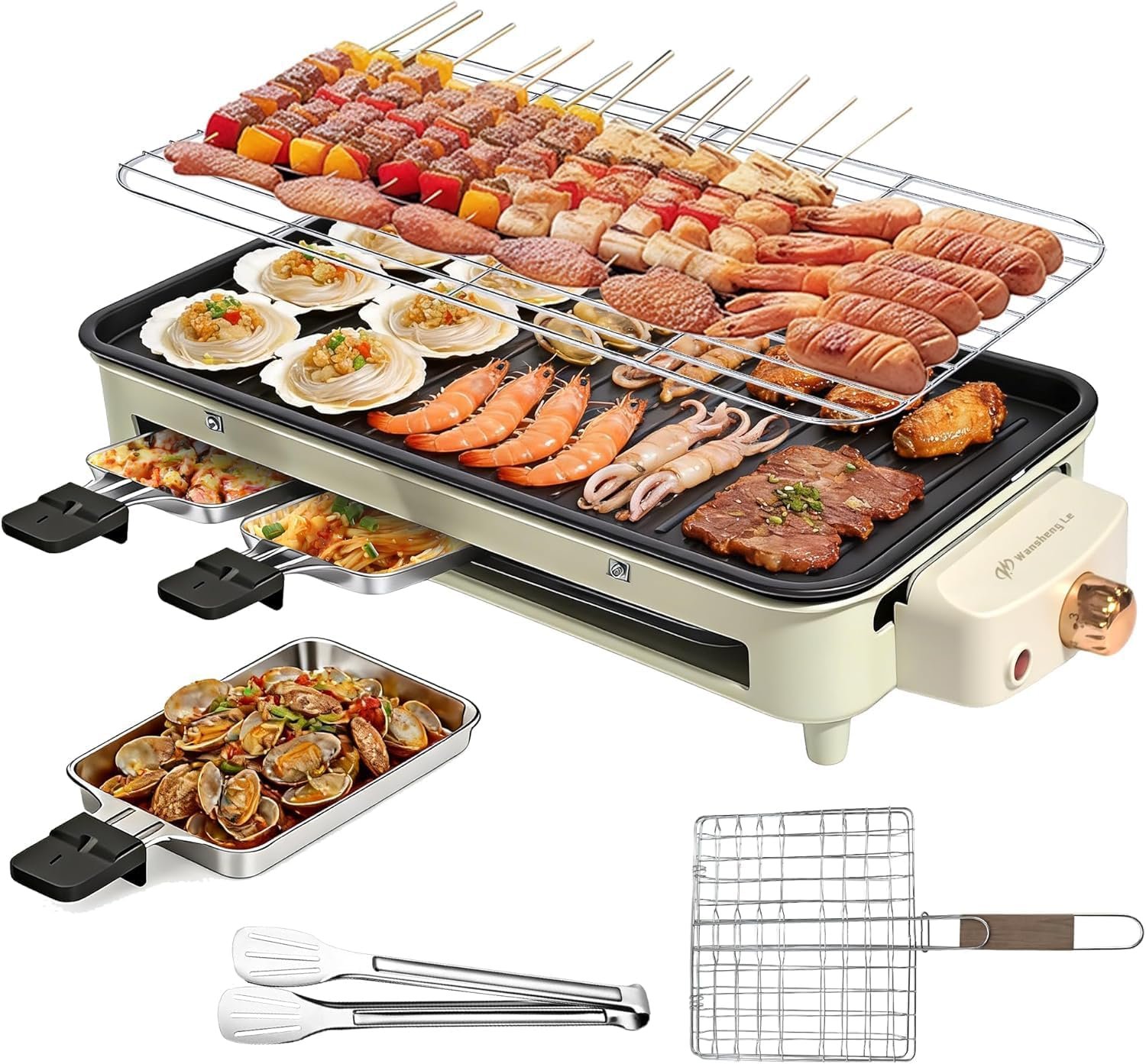 1500W Electric Indoor Grill, 3 in 1 Indoor Grill with Net & Non-Stick Removable Plate and Velcro, Temperature Control & Dishwasher Safe, Smokeless Barbecue for Party Kitchen BBQ