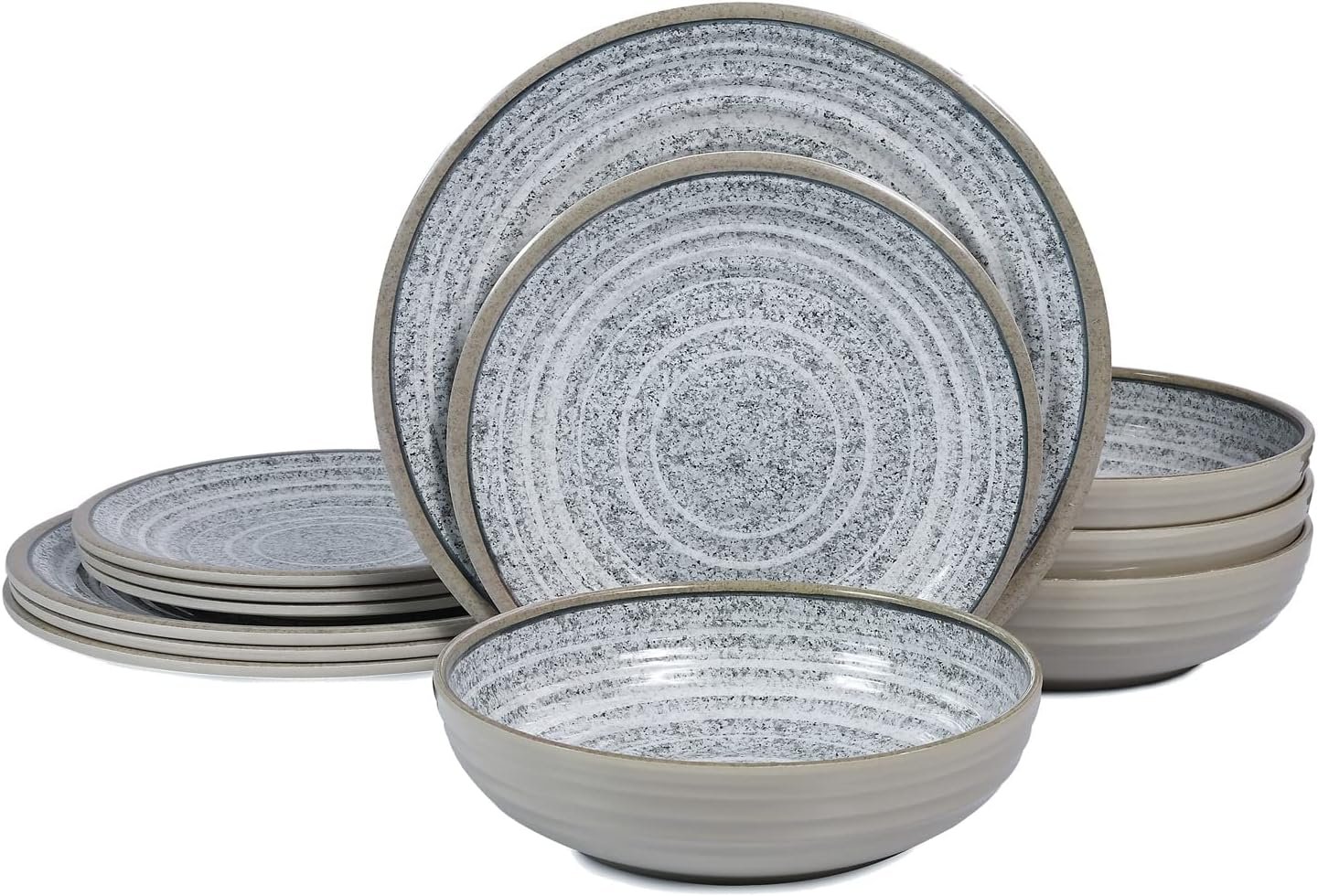 Melamine Dinnerware Sets 12 PCS – Service for 4 Plates & Bowls Sets Dishwasher Top-Shelf Safe, BPA Free Dinner Dishes Set for Everyday Use-Granite Pattern Gray