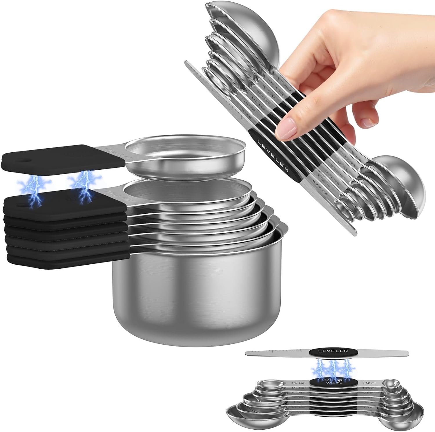 Magnetic Measuring Cups and Spoons Set – 304 Stainless Steel | Dual-sided Design | Set of 15 with Leveler | Strong N52 Magnetic Nesting Design | for Dry & Liquid Ingredients (Black)
