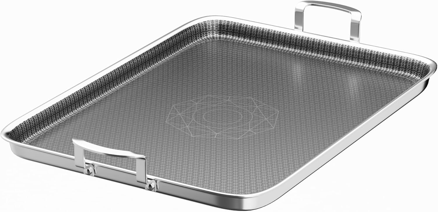 Cooker King 19 x 13 Inch Hybrid Honeycomb Stainless Steel Double Burner Griddle Pan, 3-Ply Nonstick Flat Top Grill Plate & Rectangular Roasting Pan, Metal Utensil Safe, Induction Ready, Oven-Safe