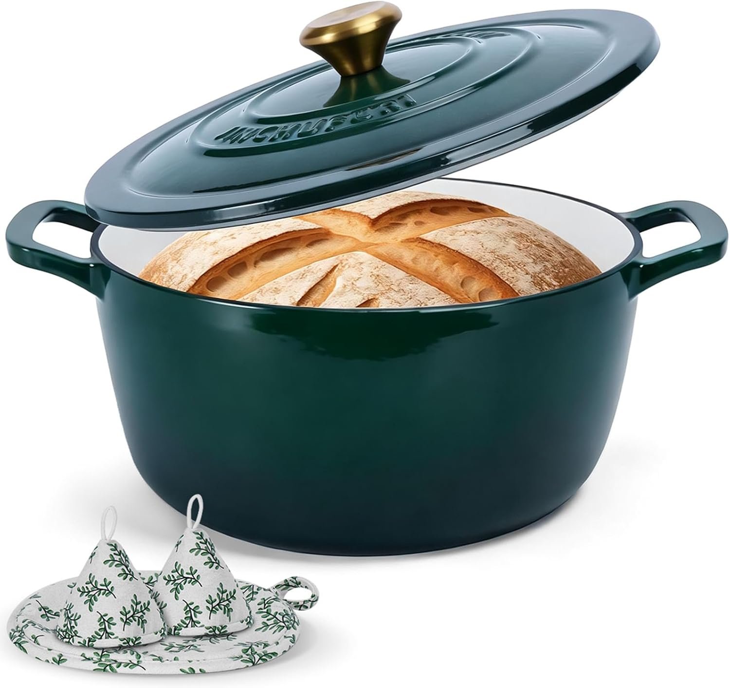 Enameled Cast Iron Dutch Oven with Lid – 5QT Heavy-Duty Pot, Oven Safe up to 500°F, Dual Handles, Ideal for Sourdough Bread Baking, Stews, Roasting, Braising – All Cooktops, Durable & Versatile Cookware (Green)