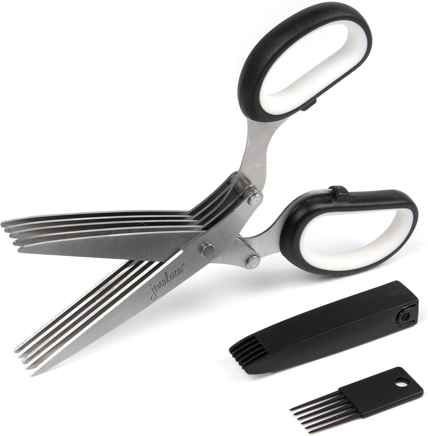 Jenaluca 5 Blade Herb Scissors – Salad Scissors – Cut & Chop Fresh Herbs & Leafy Greens – Stainless Steel Kitchen Shear Set with Cleaning Comb & Safety Cover – Kitchen Gadget – Black