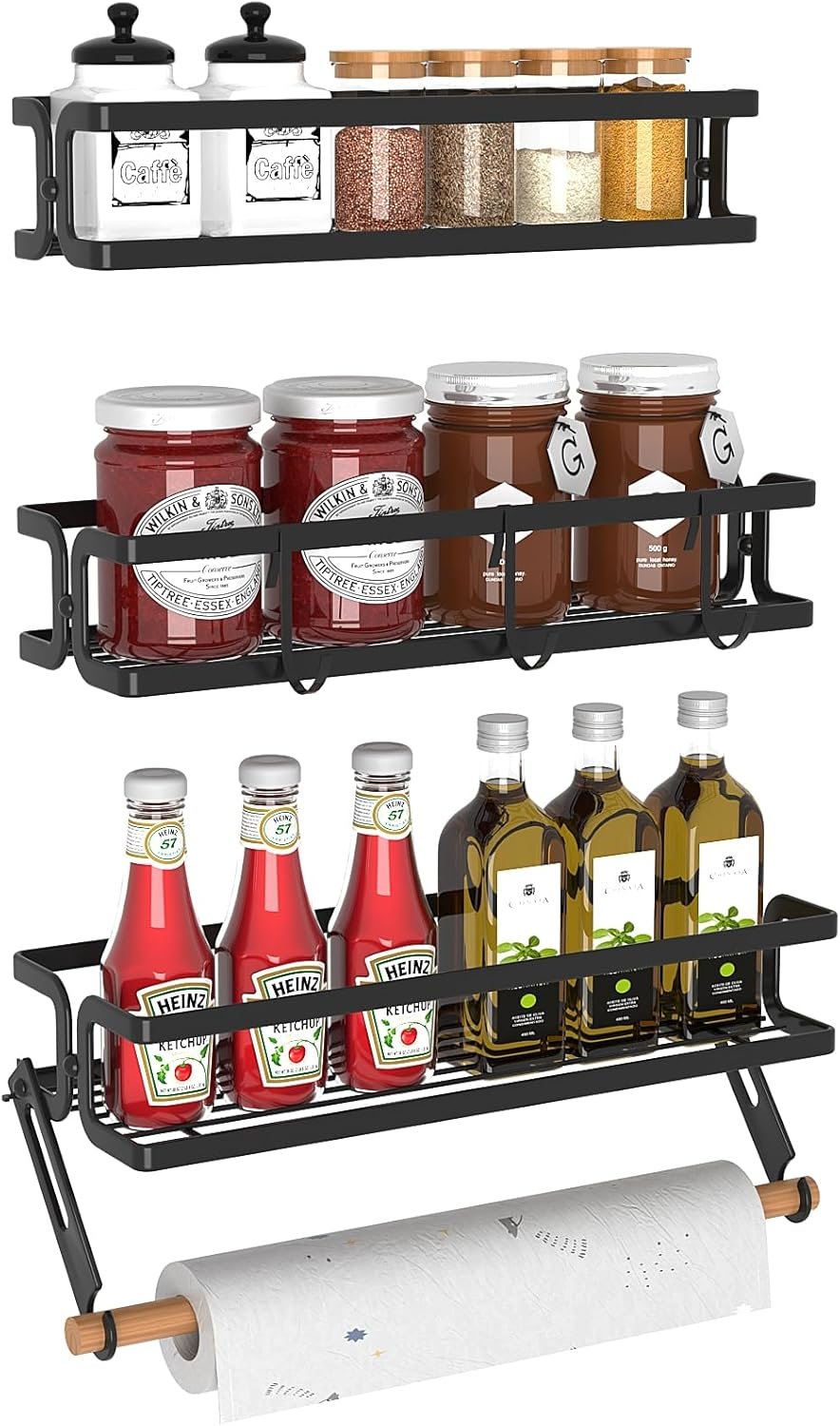 3 Pack Spice Rack Wall Mount With Paper Towel Holder and Hooks, Screw or Adhesive Hanging Spice Shelf,Space Saving Spice Organizer for Seasonings, Spice Racks for Stove,Cabinet, Pantry Black