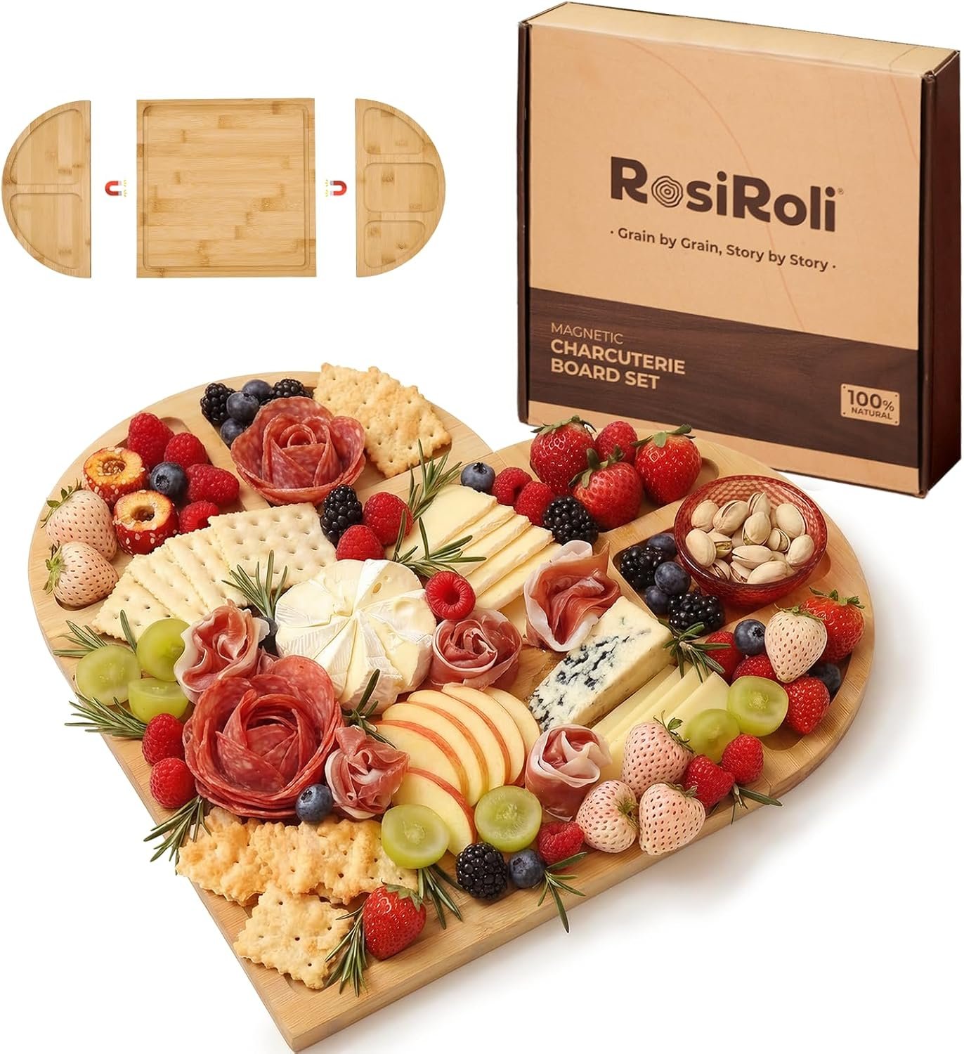 Charcuterie Board and Serving Set -Natural Bamboo Cheese Board Snack Tray Set with Magnetic – House Warming Gifts New Home, Wedding Gift for Couple, Bridal Shower Gift, Perfect for Party