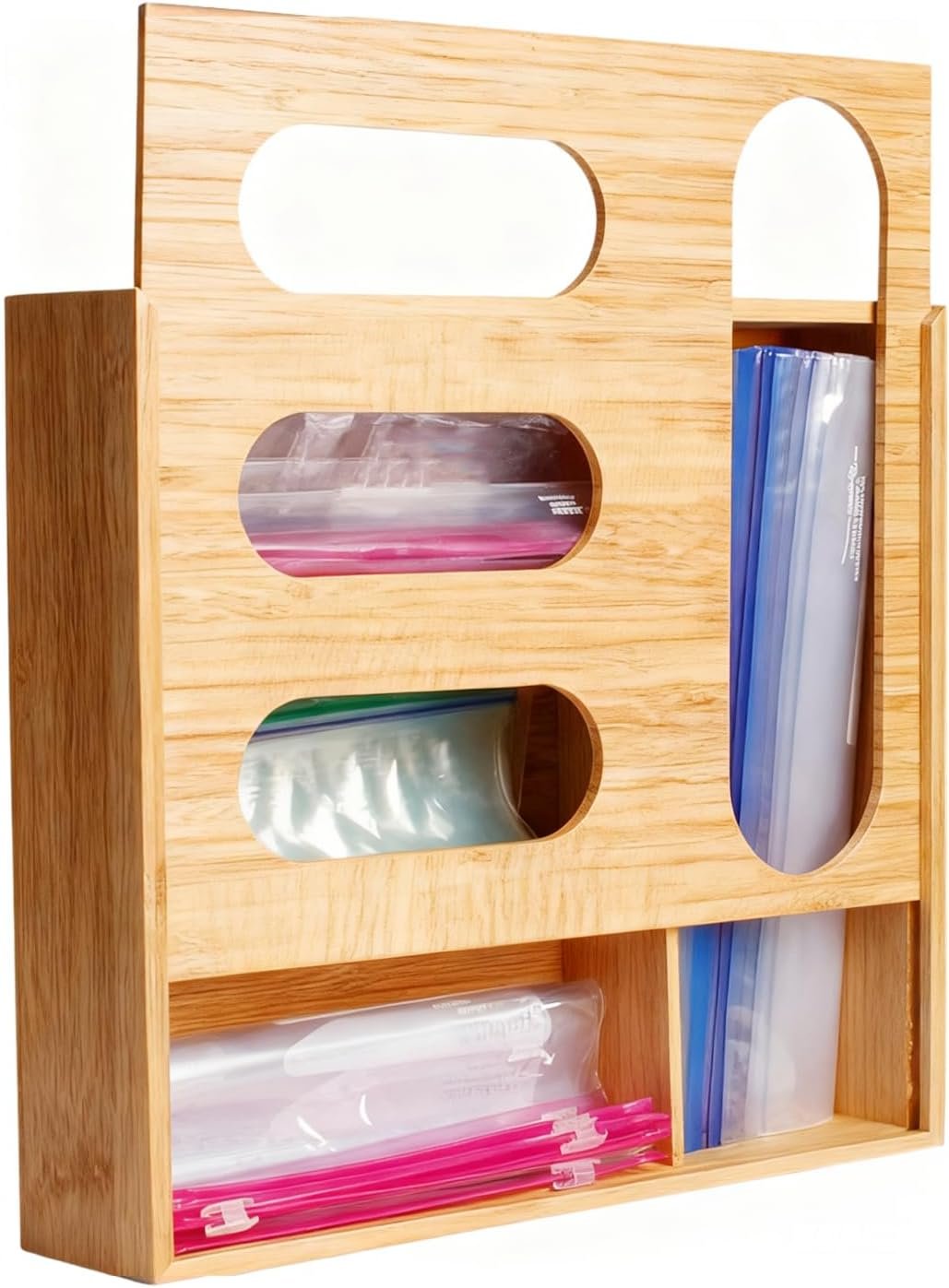 Ziplock Bag Organizer, Bamboo Storage Bag Holder Baggie Organizer for Drawer and Wall Mount, 4 Compartments for Gallon, Quart, Sandwich, Snack Size Bag (1)