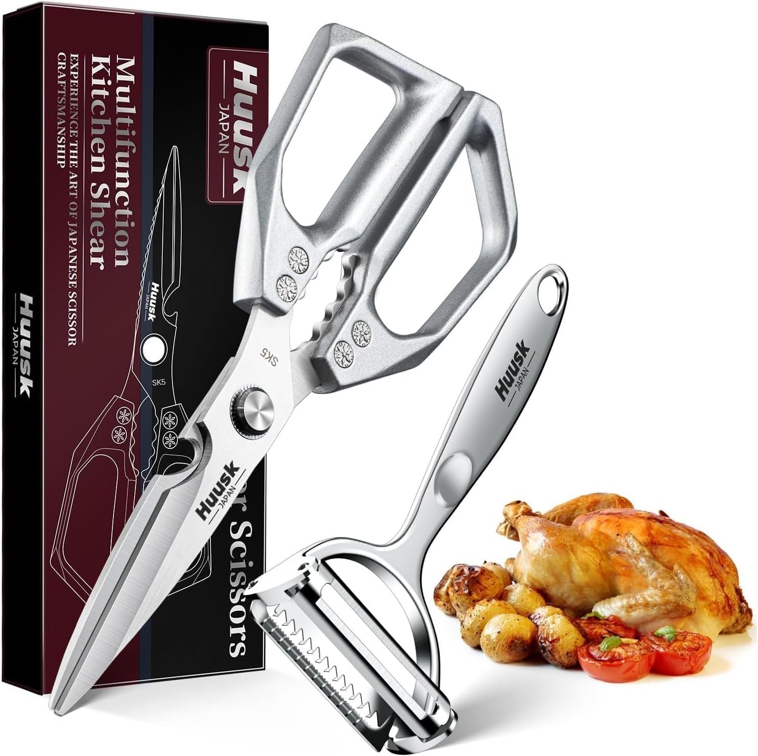 HUUSK Kitchen Scissors and Vegetable Peeler Set – Silver Stainless Steel Cooking Kitchen Shears for Food with Serrated Peeler, Heavy Duty Japanese Dishwasher Safe Meat Scissors, Gift for Men