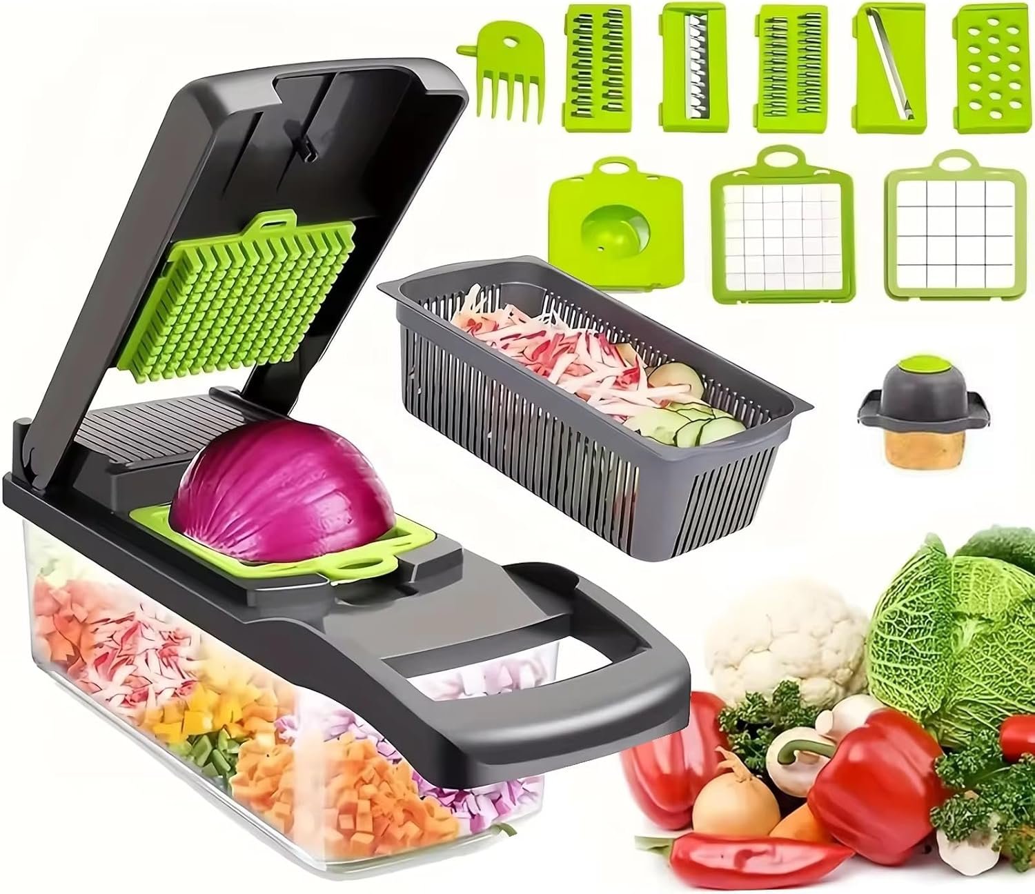 15 in 1 Vegetable Chopper With Interchangeable Blades, Mandoline Slicer & Dicer For Onion Potato Cucumber Carrot Hand Food Processor Cheese Grater Kitchen Gadgets – Essential Kitchen Tools Food Cutter
