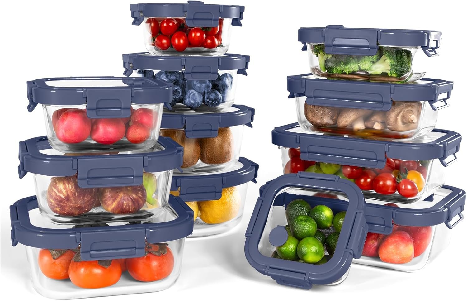 12-Pack Glass Containers with Tempered Lids – Borosilicate, Oven-Safe(-4°F~950°F), Airtight, BPA-Free, Multi-Size for Meal Prep, Dishwasher Safe (Blue)