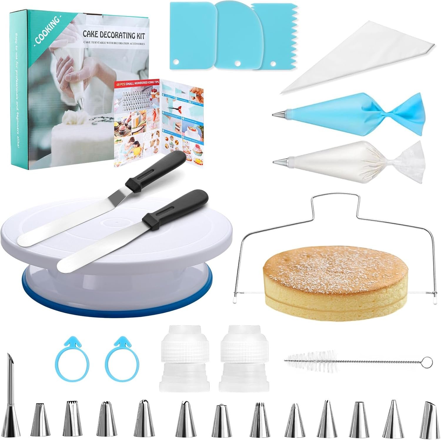 BEWOS 80 PCs Cake Decorating Kit With Cake Turntable – Include 50 Disposable + 4 Reuseable Piping Bags, 13 Icing Piping Tips, Cake Leveler, 2 Spatulas, 3 Icing Scraper, Cake Decorating Tools