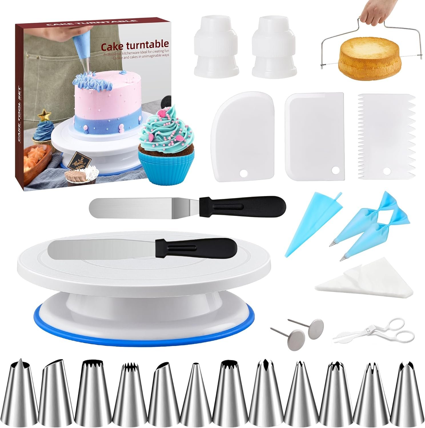 Cake Decorating Tools Supplies Kit – 82Pcs Baking Accessories with Turntable Stand Leveler 12 Piping Tips 52 Bags Icing Comb Scrapers Spatulas Cupcake Cookie Frosting Fondant Bakery Set for Beginners