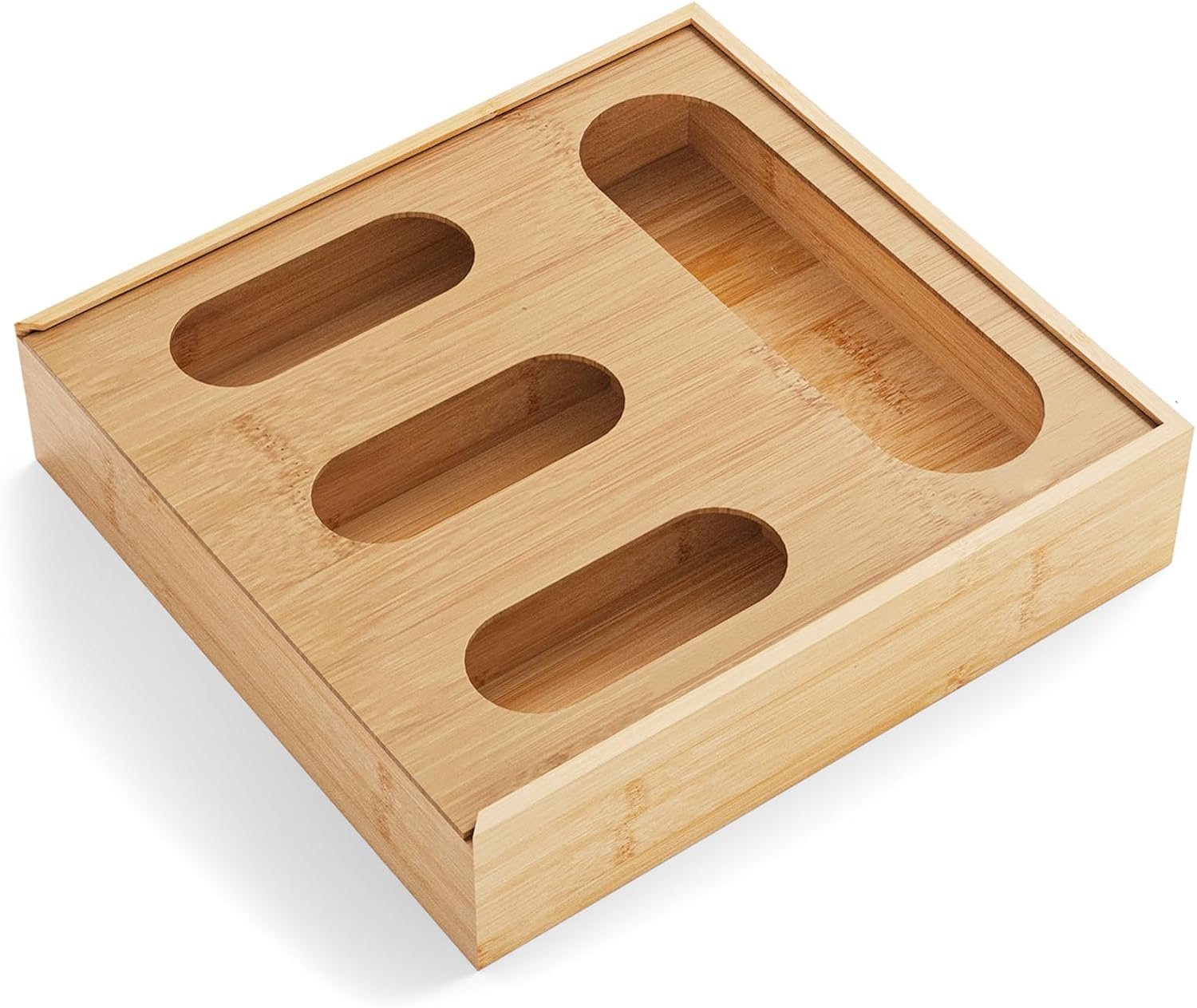 Storage Organizer Kitchen Drawer, Bamboo Bag Holder, 4 Slots Compatible with Gallon, Quart, Sandwich & Snack Size Bags