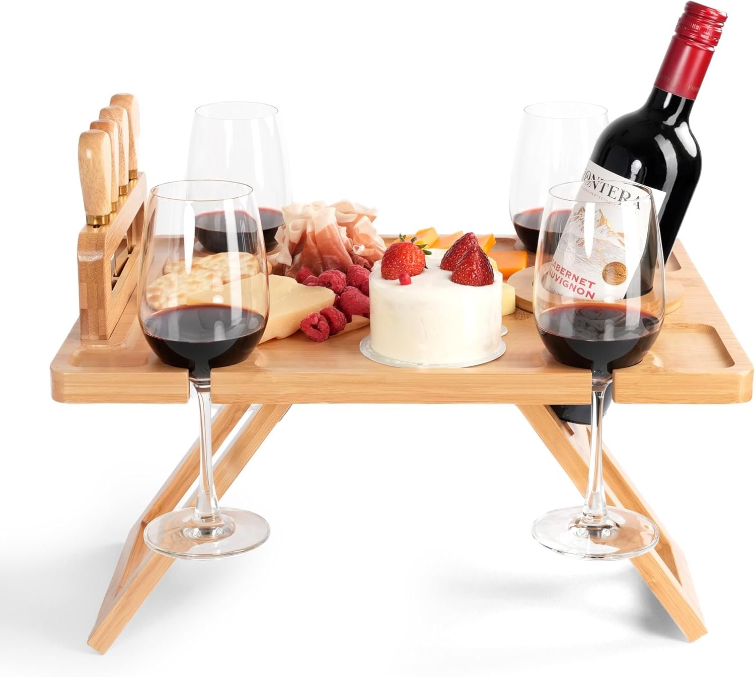 Bamboo Charcuterie Picnic Table with 4 Gold Cheese Knives, Portable Wine Picnic Table, Charcuterie Board with Wine Glass Holder, Unique Gift for Wine Lovers, Includes Detachable Knife Stand