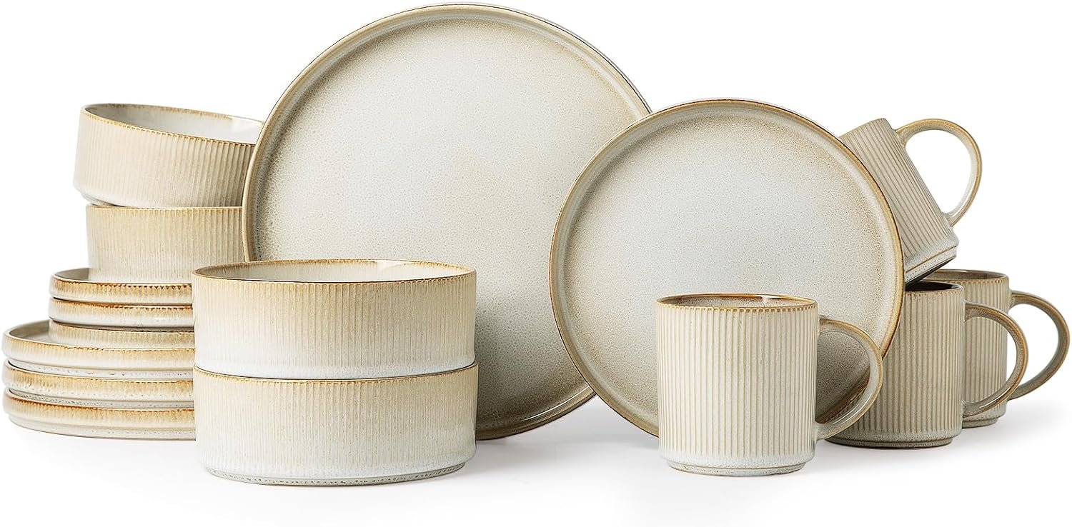 MONITO Ceramic Dinnerware 16 Pieces Dinner Set，10.7in Stoneware Plates and Bowls Sets, Highly Chip and Crack Resistant | Dishwasher & Microwave Dishes set,Gift, Bonbon Beige