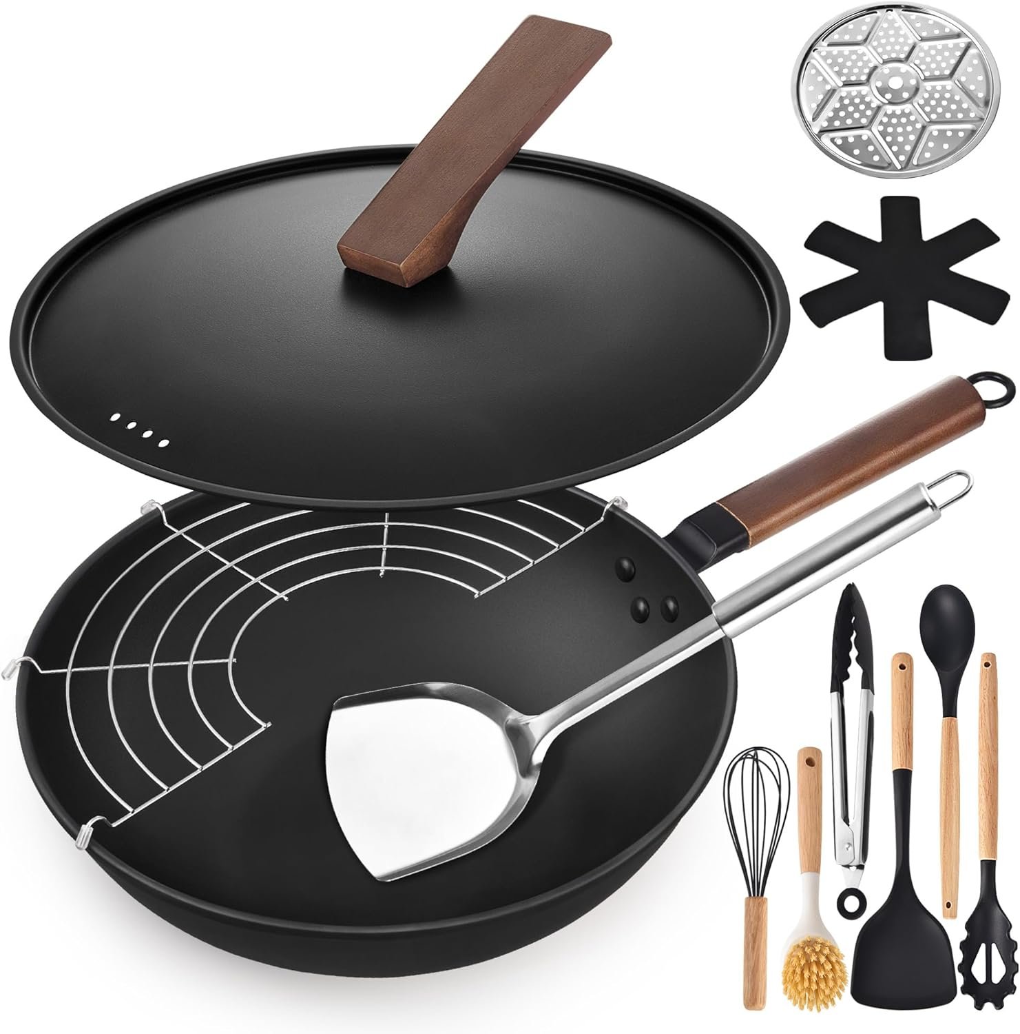 AOSION 13” Carbon Steel Wok, 12 Piece Wok Pan & Stir-Fry Pans Set with Lid & Cookwares, No Chemical Coated Flat Bottom Chinese Wok Pan for Induction, Electric, Gas, Halogen, All Stoves