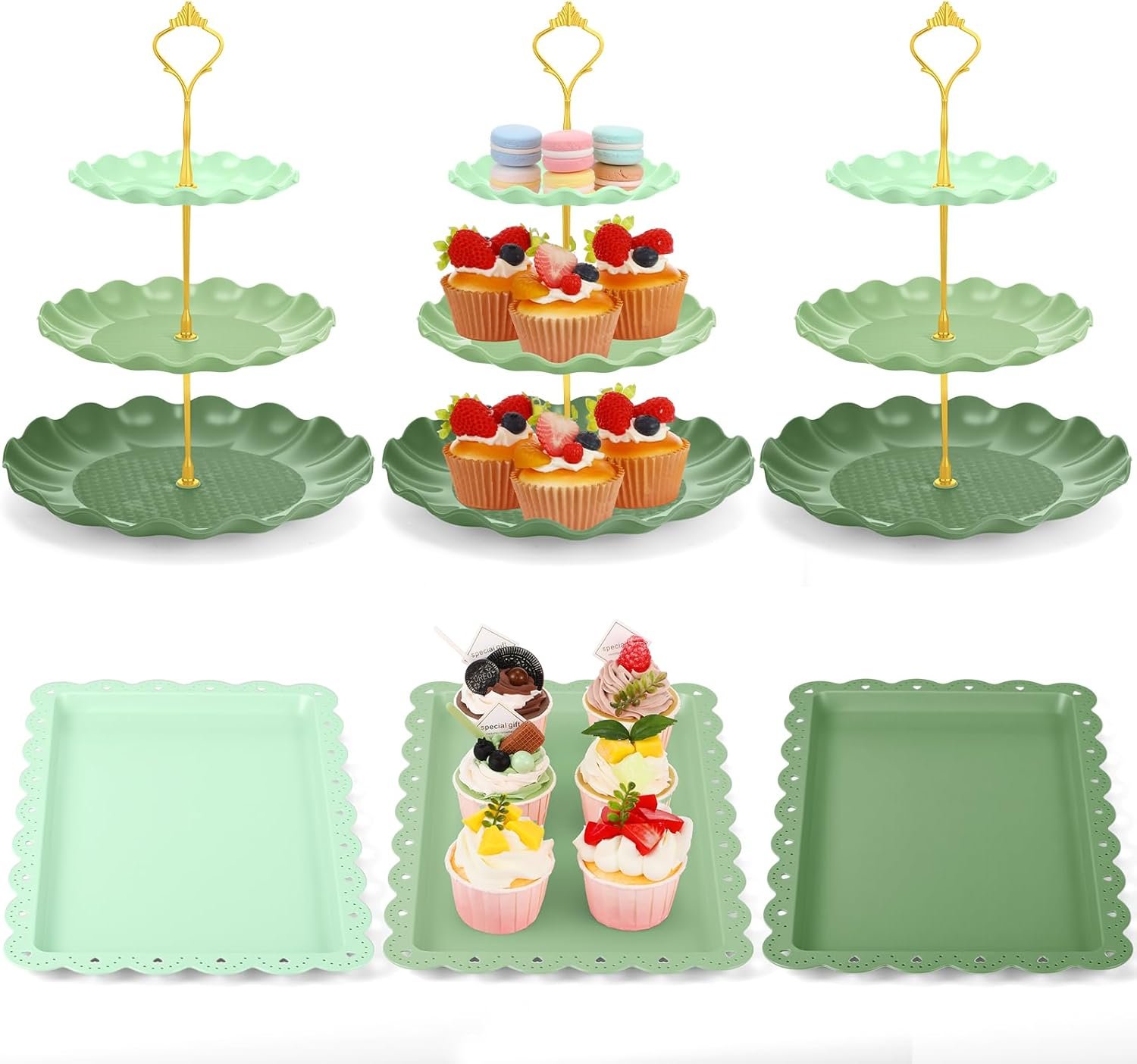 6 Pack Cupcake Stand Set 3 Round 3 Tier Gradient Dessert Table Display Stands Cookie Tray Rack 3 X14 in Rectangle Party Trays for Wedding Birthday Tea Party Baby Shower (Green)