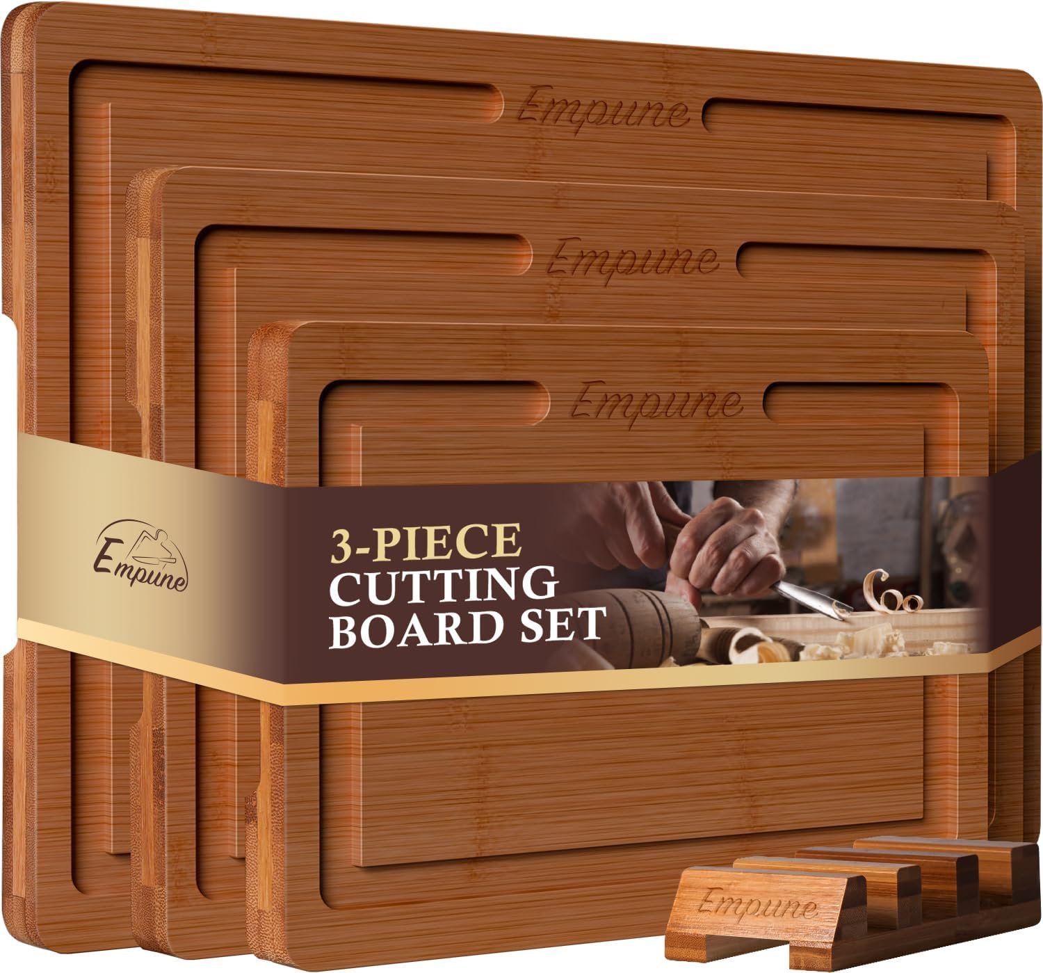 Empune Bamboo Cutting Board Set, Wood Cutting Boards for Kitchen with Holder Wooden Chopping Board for Meal Prep & Serving, Brown